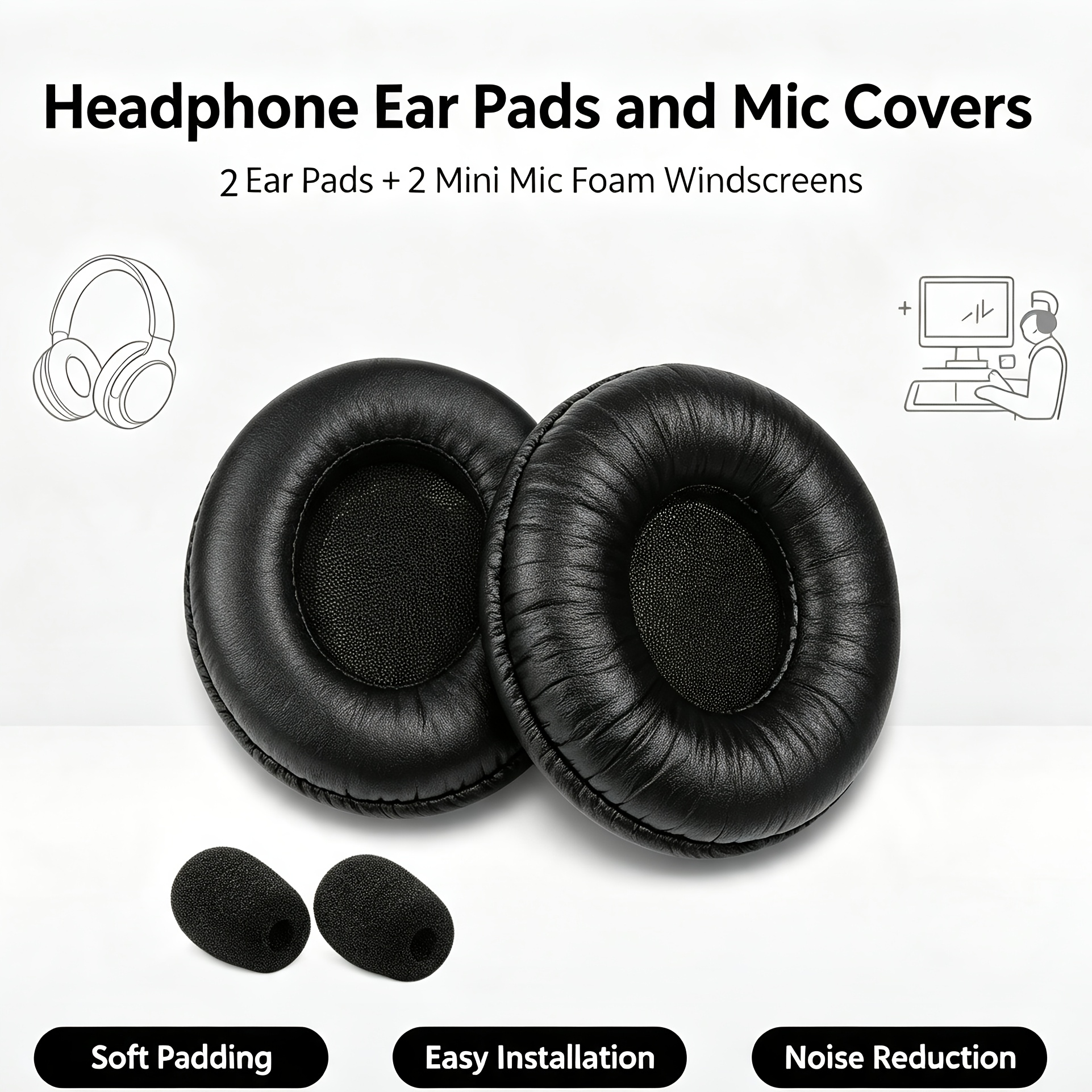 TEMU Headphone Replacement Ear Pads With Mini Mic Foam Windscreen Set, 2 Leather Ear Cushions And 2 Microphone Sponge Covers, Soft Noise Reduction