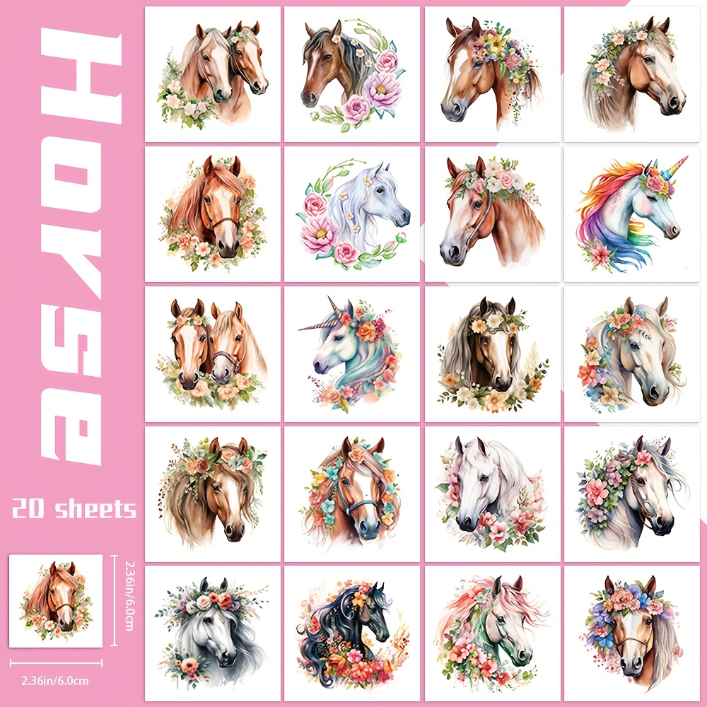 Image of 20 Sheets Temporary Tattoo Stickers - Watercolor Horse & , Fake Tattoos For Music Festivals, Birthday Parties, Nightclub Decorations
