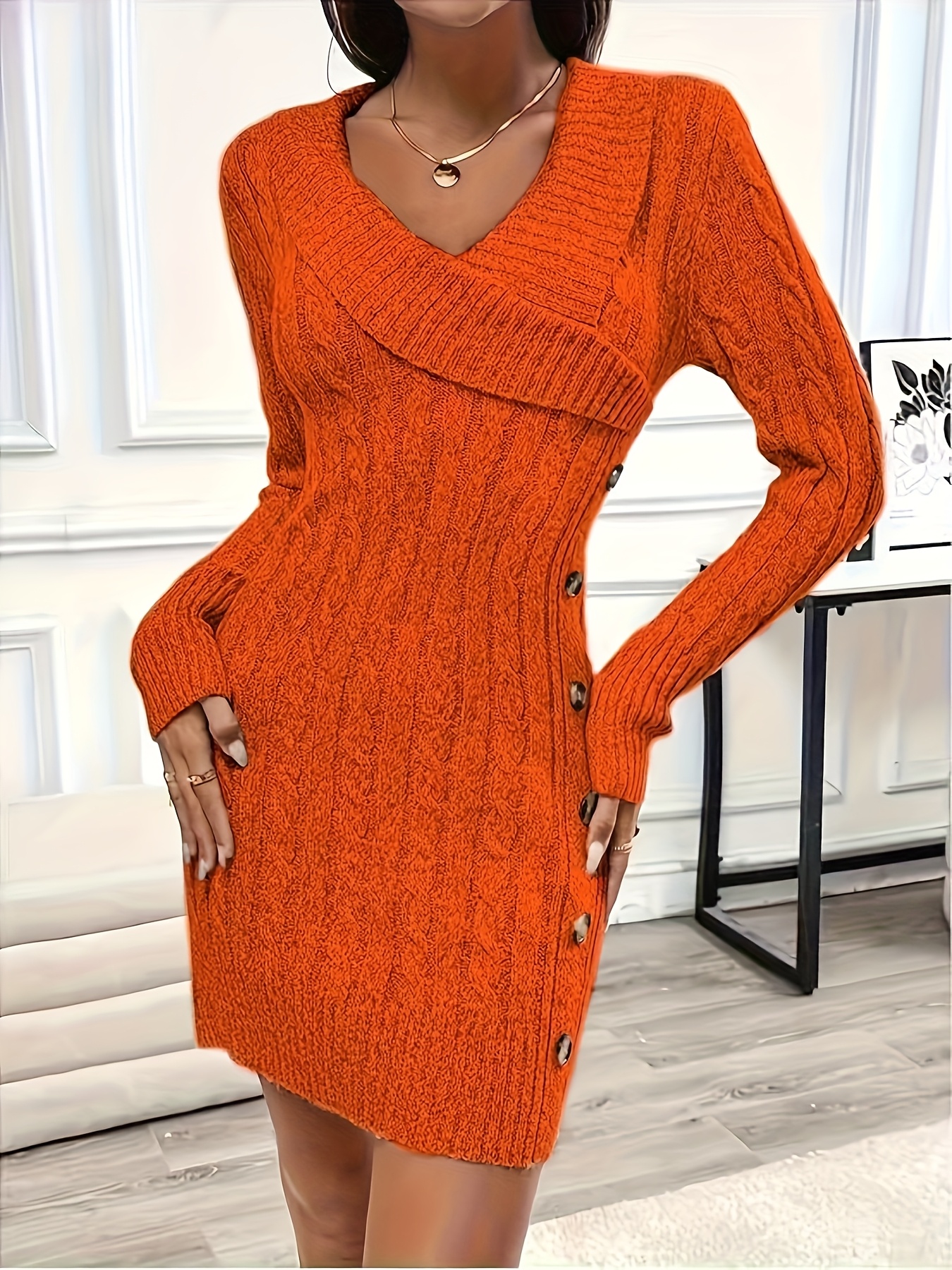 Christmas Women'S Elegant V-Neck Sweater Dress - Long Sleeve, Button Front, Solid Color, Bodycon Fit, Fall/Winter Collection, Casual to Formal Wear, Casual Attire, |Vneck Dress|Button Front Dress, Sweater Dress