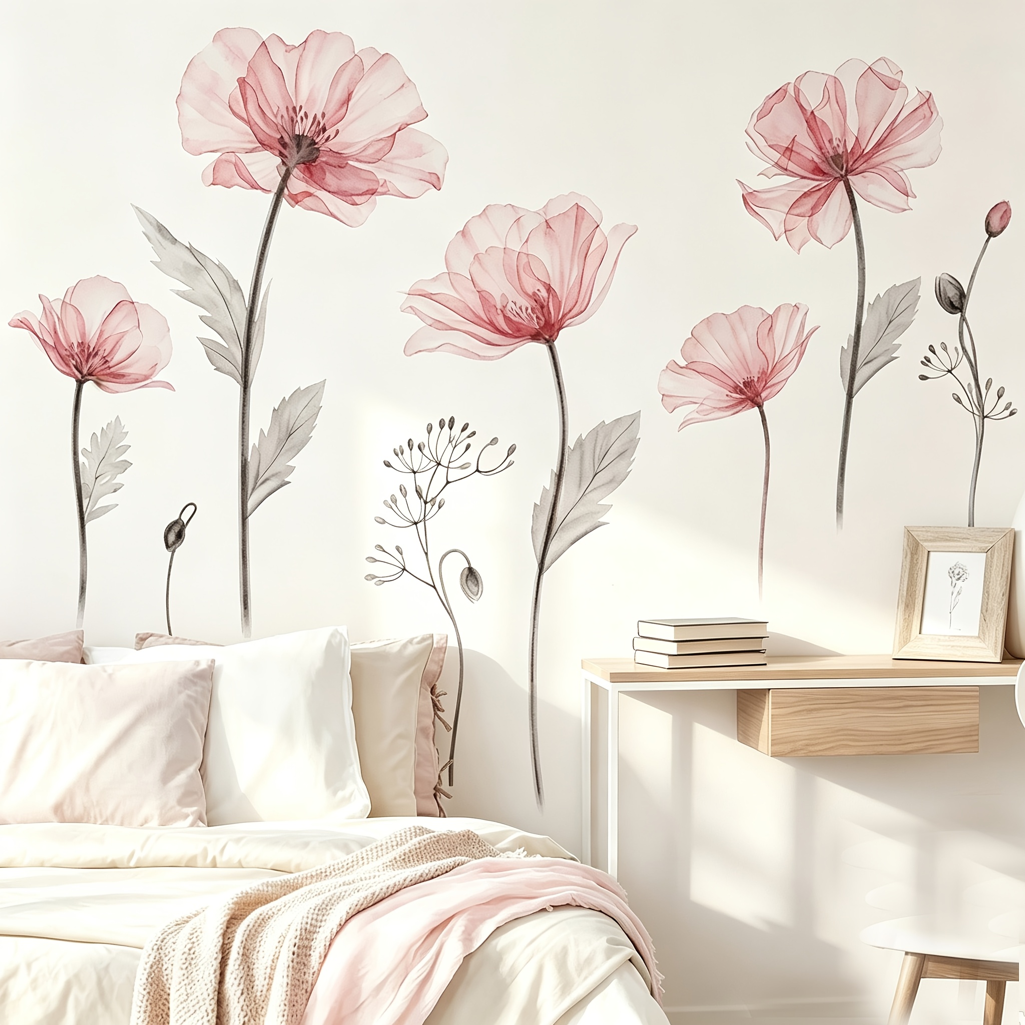TEMU 1set 2pcs Large Pink Flowers Wall Stickers Poppy Flower Plant Wall Decoration, Watercolor Floral Wall Decals For Living Room, Bedroom, Bathroom,