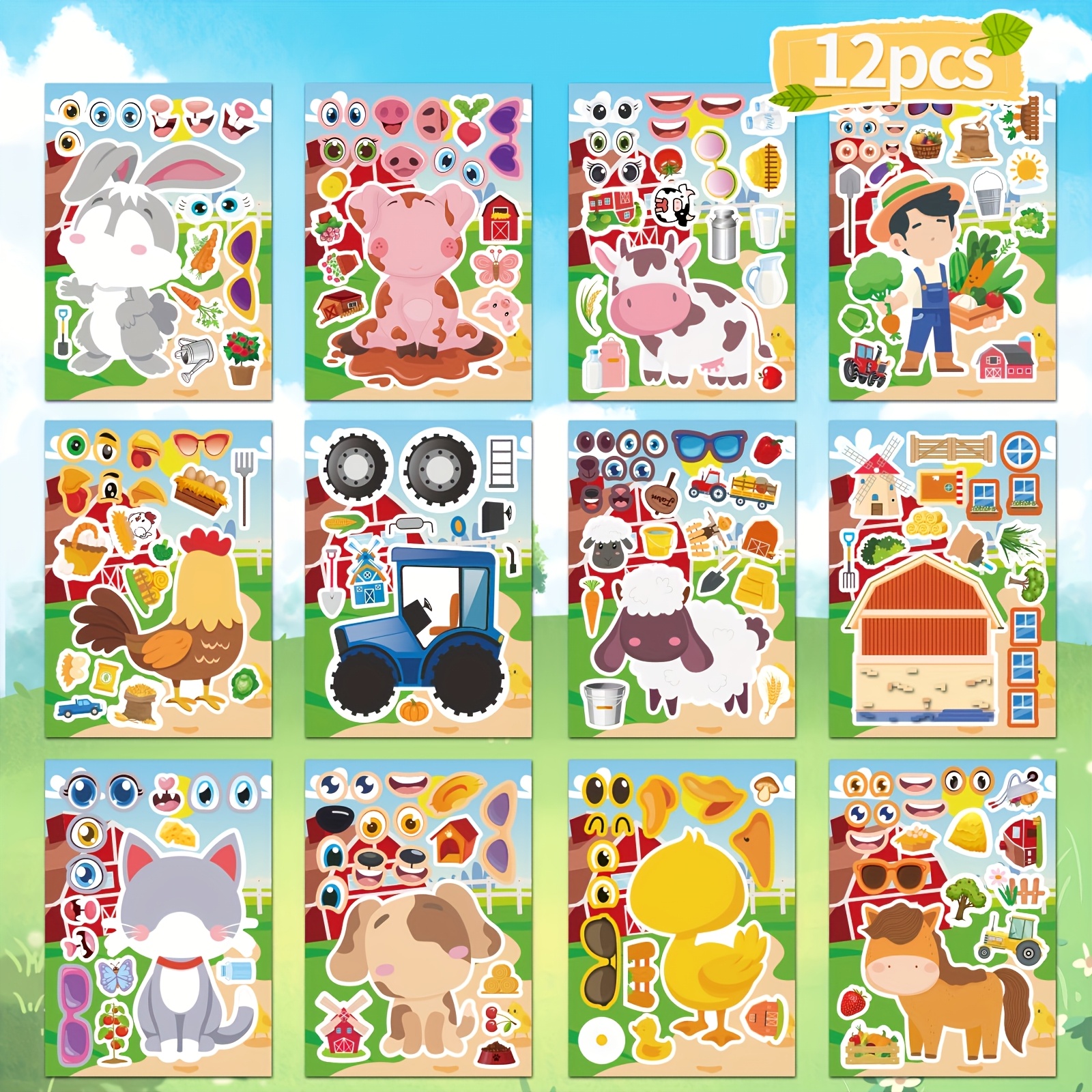 Image of 12/24pcs Farm Animal Stickers - Diy Face Changing Stickers , Pig, Chick, Rabbit, Calf & Lamb Patterns - Fun Pvc Vinyl Stickers For Party Favors And Decorations, Animal Stickers