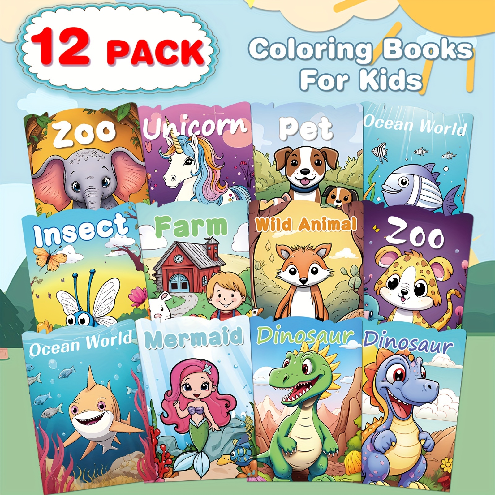 

12pcs ' Coloring Books: Mermaids, Unicorns & Dinosaurs - Waterproof Paper, Enhances & Focus - Birthdays, Christmas, Halloween Gifts