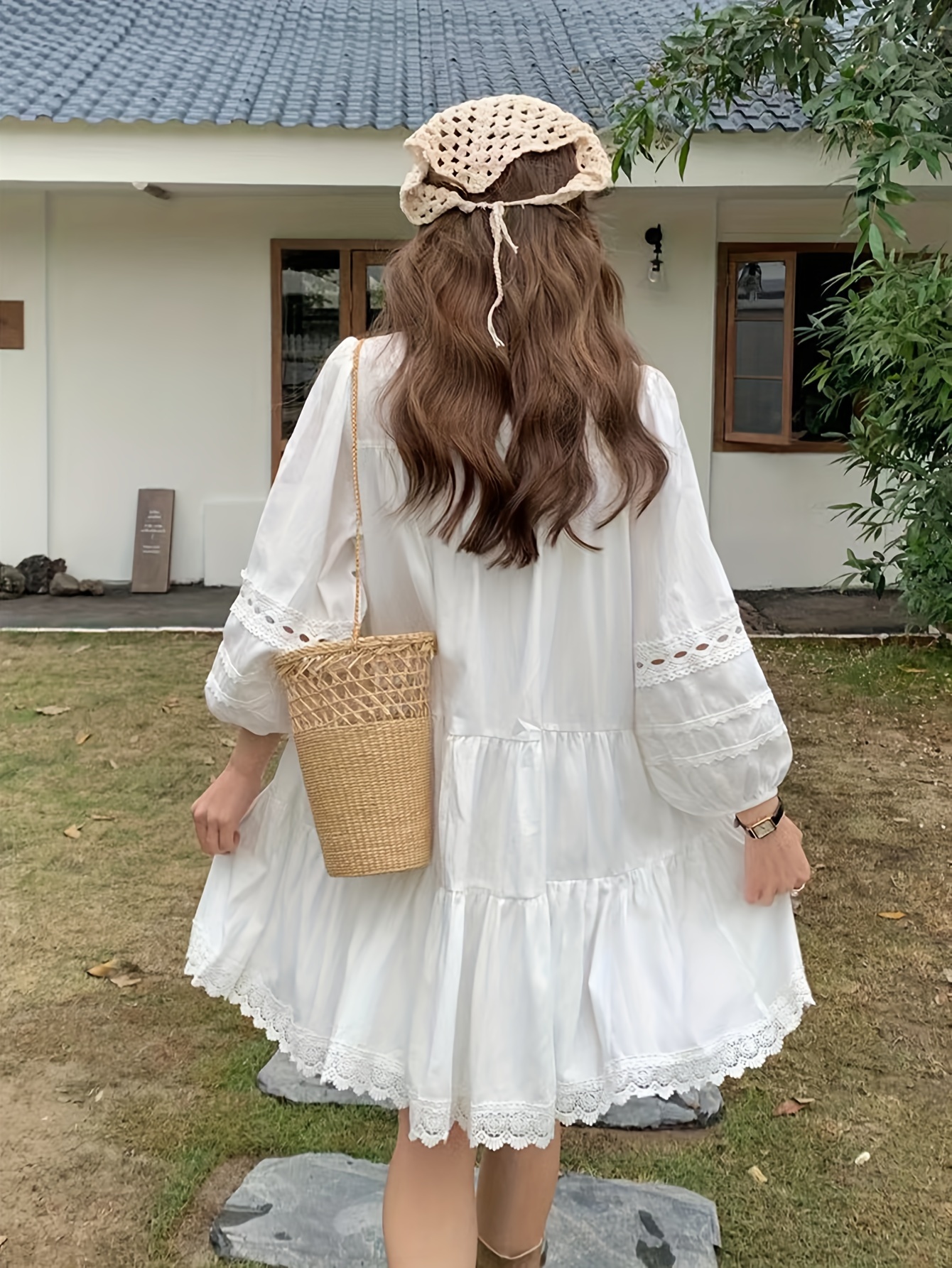 lace splicing notched neck dress sweet lantern sleeve - Temu United Arab  Emirates