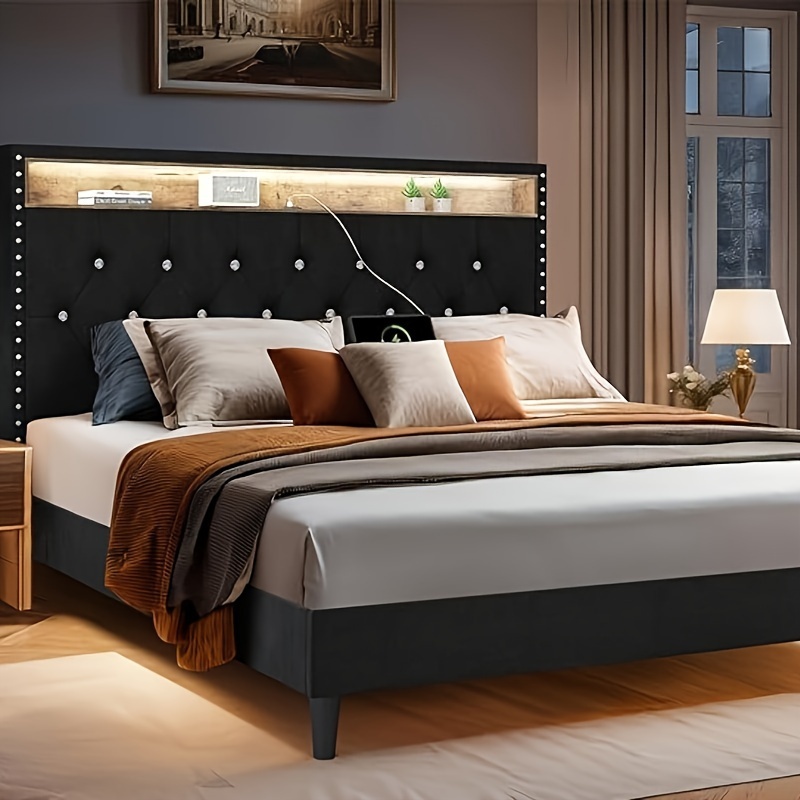 

Bed Frame With Led Lights, Velvet Upholstered Platform Bed With Storage Headboard, Charging Station & Diamond Tufted Design- No Box Spring Required - Easy Assembly- Black