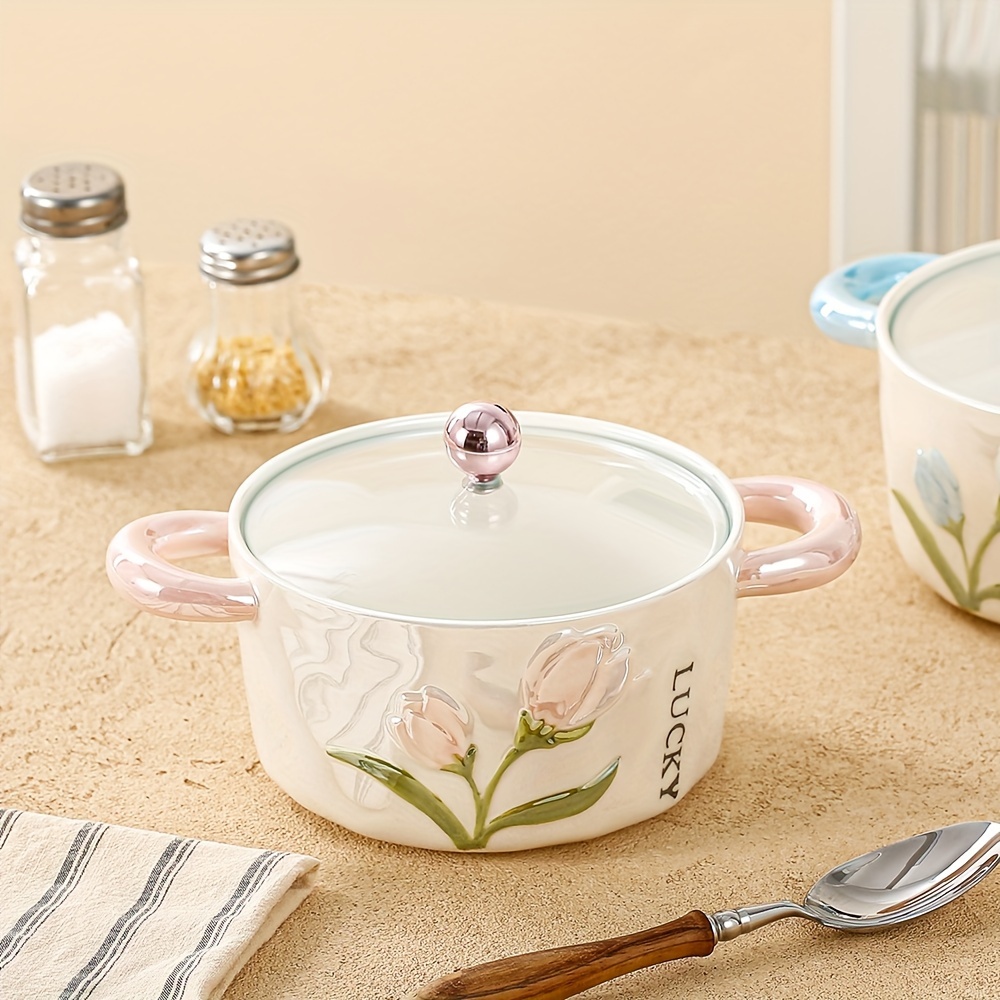 1Pc Ceramic Bowl With Lid Pearl Glazed Tulip Double Ear   Creative And Cute Soup Bowl Rice Bowl Instant Noodle Bowl Fruit Bowl Used For   And Restaurant   Kitchen Supplies Tableware Accessories Product Details 2