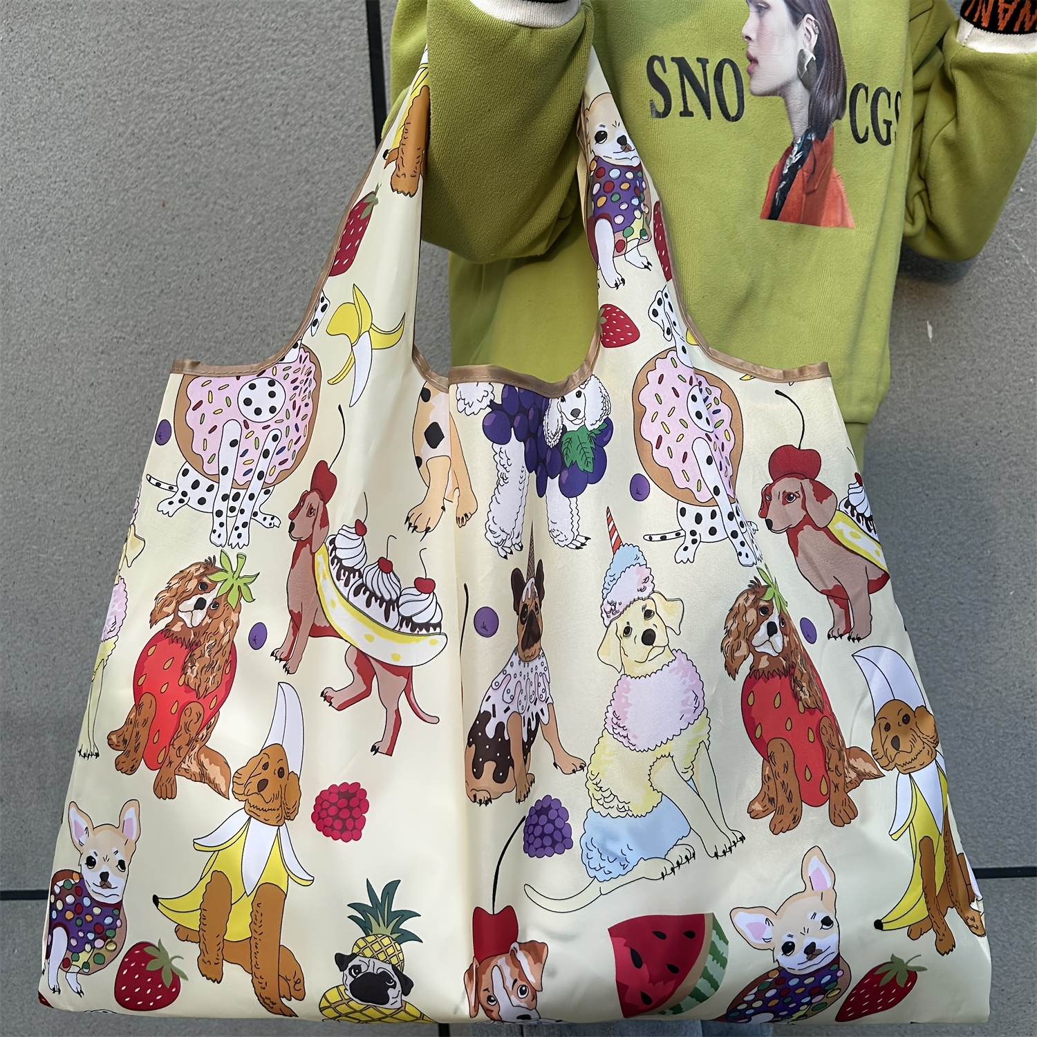 Bolsa de compras grande plegable con diseño de perro de dibujos animados de frutas, bolsa de supermercado de nailon resistente, bolsa de mano, bolsa de hombro para mujer, bolsa de mano adecuada para viajes y camping