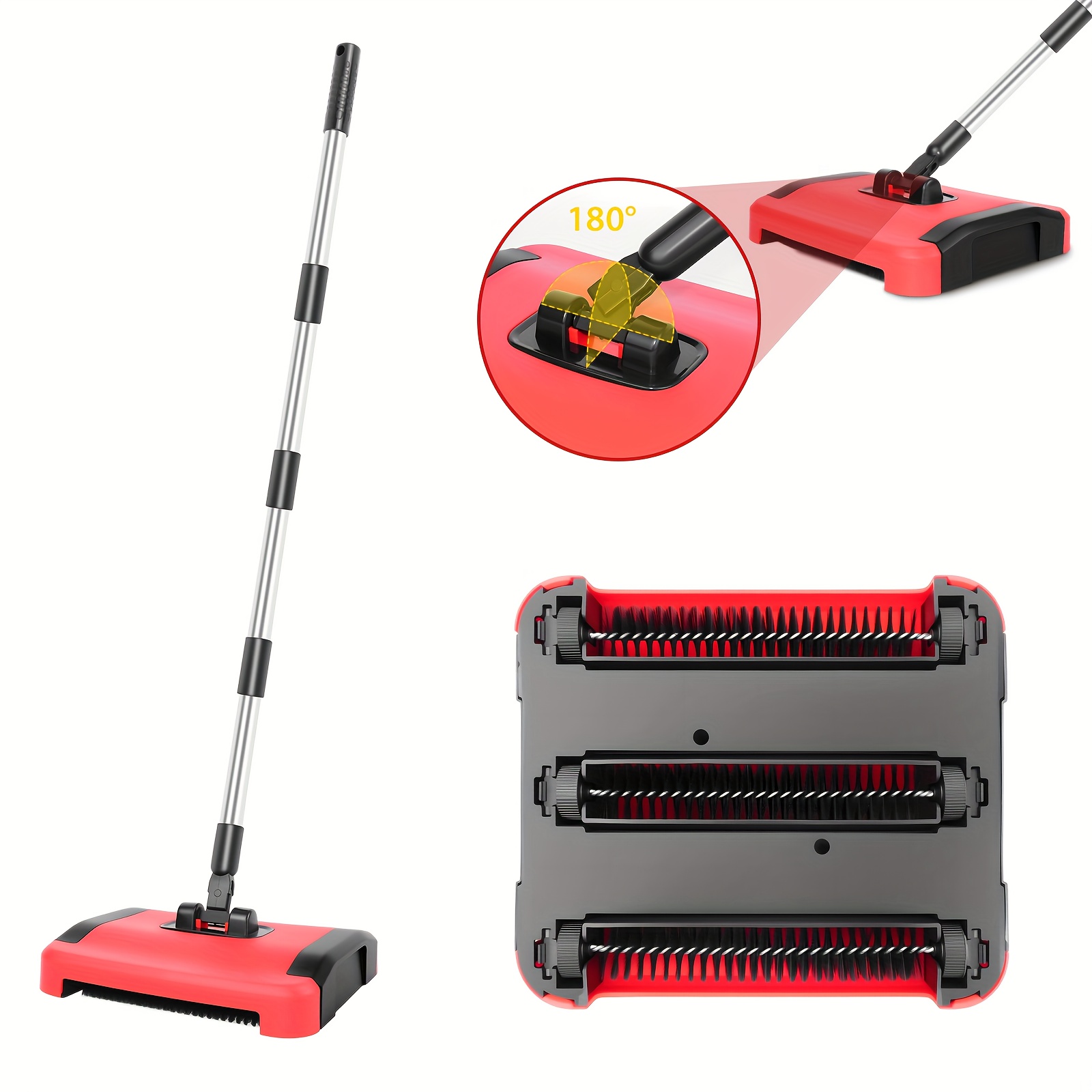 Image of Manual Carpet Sweeper - Non-electric, Quiet Multi-surface Cleaner With 3-layer Brush, 180 Degree Rotating Head For Carpets, Hard Floors And Rugs | Lightweight