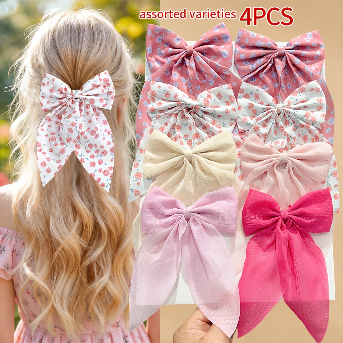 E-shop 4er-Set Haarspangen mit großer Schleife süßem pinkem Blumendruck für den Hinterkopf - Farben zufällig - Kreieren Sie mutige Styles - Modische