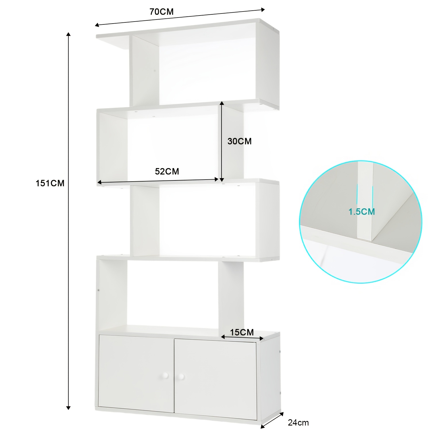 Bookshelf 5-tier, Geometric Bookcase S Shaped Book Shelves For Bedroom, Modern Wood Decorative Display Shelf Book Case For Home Office, White