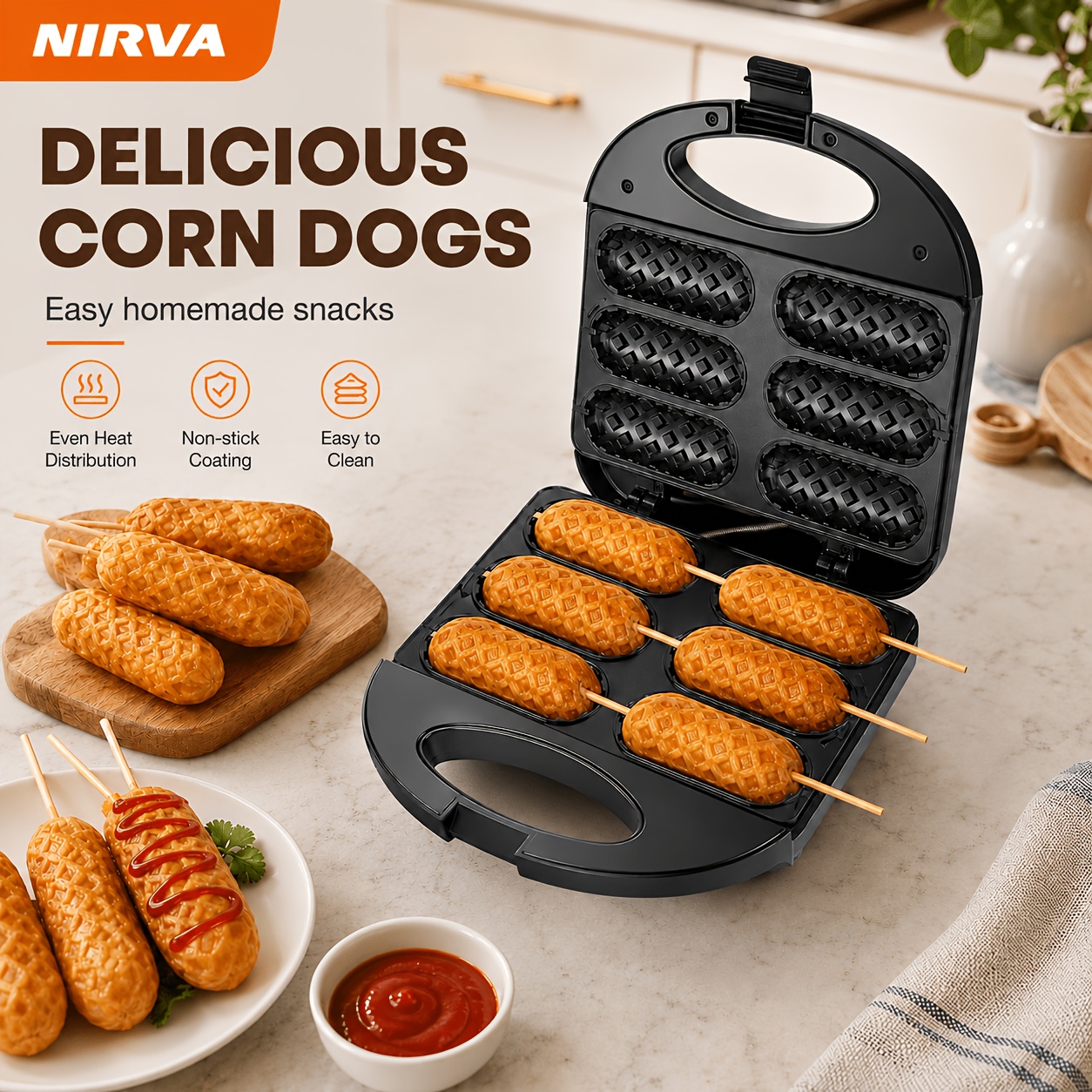 Image of Waffle Maker, 750w Fast Preheat Hot Dog Machine, Cooking Surface, Makes 6 , Sticks & For Kitchen Use