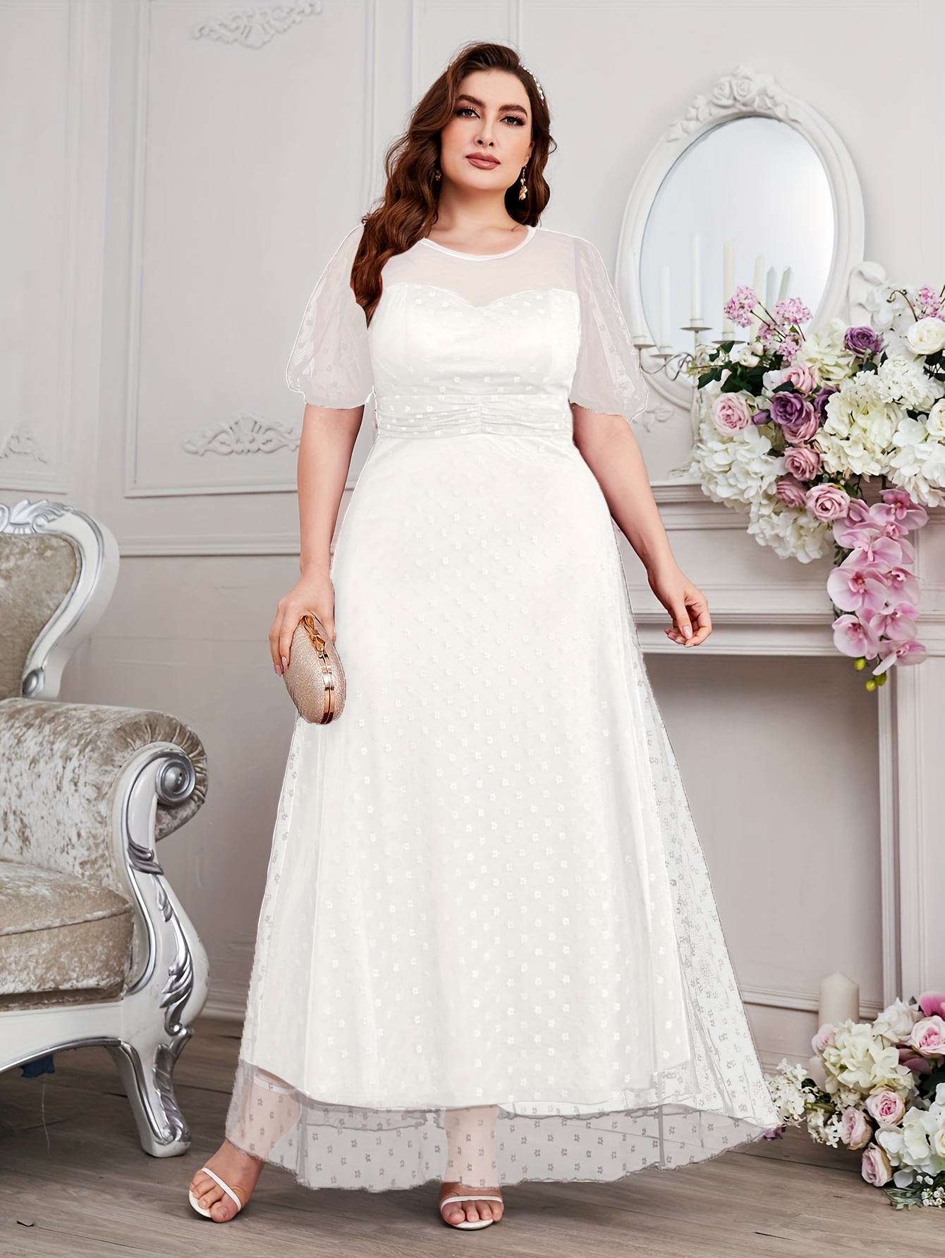 knee length dresses for ladies Beige Lace Empire Waist Sleeveless Sexy Curvy Dress Women Plus Size –  Pineapple Clothing Staging main image 0