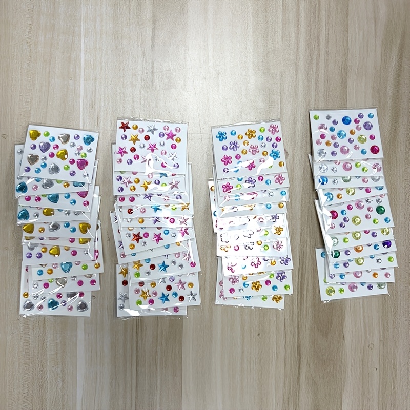 TEMU 36 Sheets Multicolor Mixed Shape Rhinestone Stickers | Self-adhesive, Suitable For Crafts, Nail Art, Face And Body Decoration - Includes Hearts,
