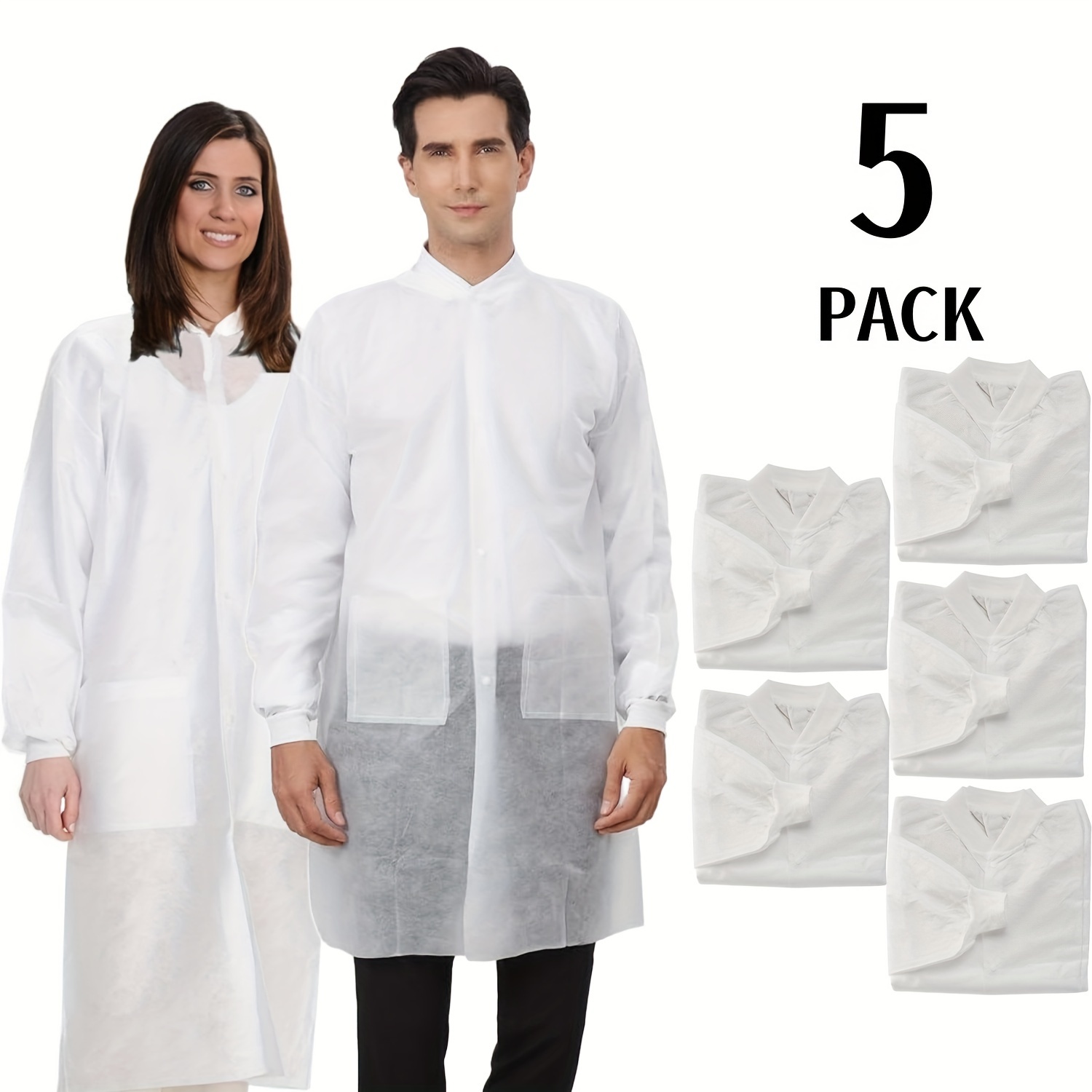 

5-pack Adult Coats, White Smock With 2 Patch Pockets, Knit Collar & Cuffs, Loose Fit, 100% Polyester Fabric