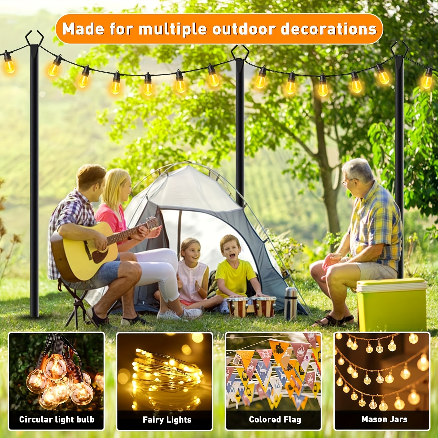 6-Pack 10FT String Light Poles - Adjustable Metal Hanging Poles With Ground Fork For Outdoor String Lights