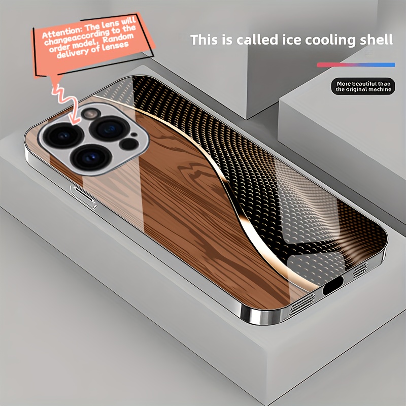 TEMU Phone Case: Random Lens, Creative Patterned Glass Phone Case, Combining Wood Grain And Tech-inspired Curved . Suitable For Iphone 16/16 Plus/16