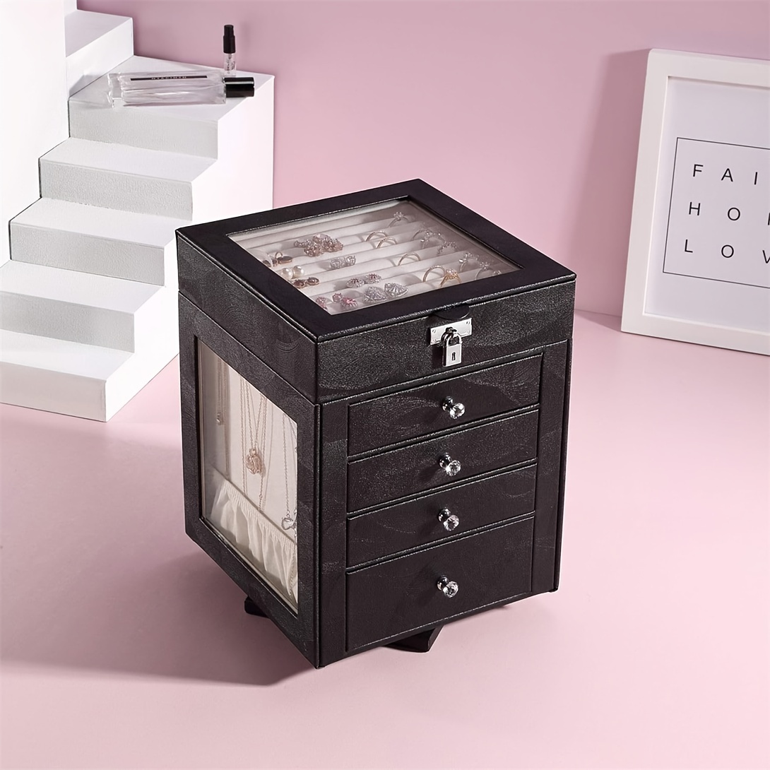

Rotating Jewelry Box, 5-layer Black Leather Jewelry Organizer Box With Mirror, Large Capacity Jewelry Storage For Necklace, Ring, Earring, Bracelet