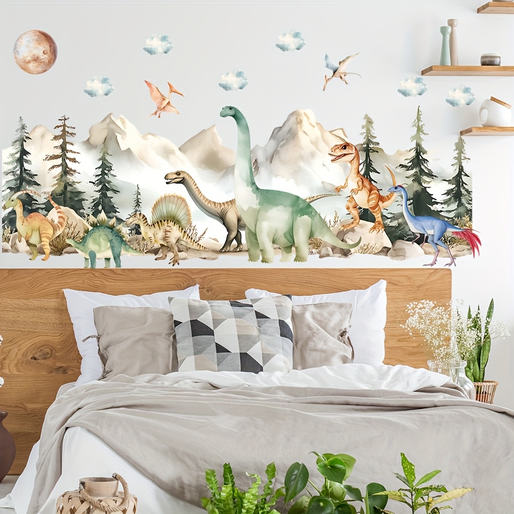 Image of Cartoon Cute Forest Dinosaur Mountain Theme Wall Sticker Suitable For Bedroom, Living Room, Sofa, Background Wall Decoration