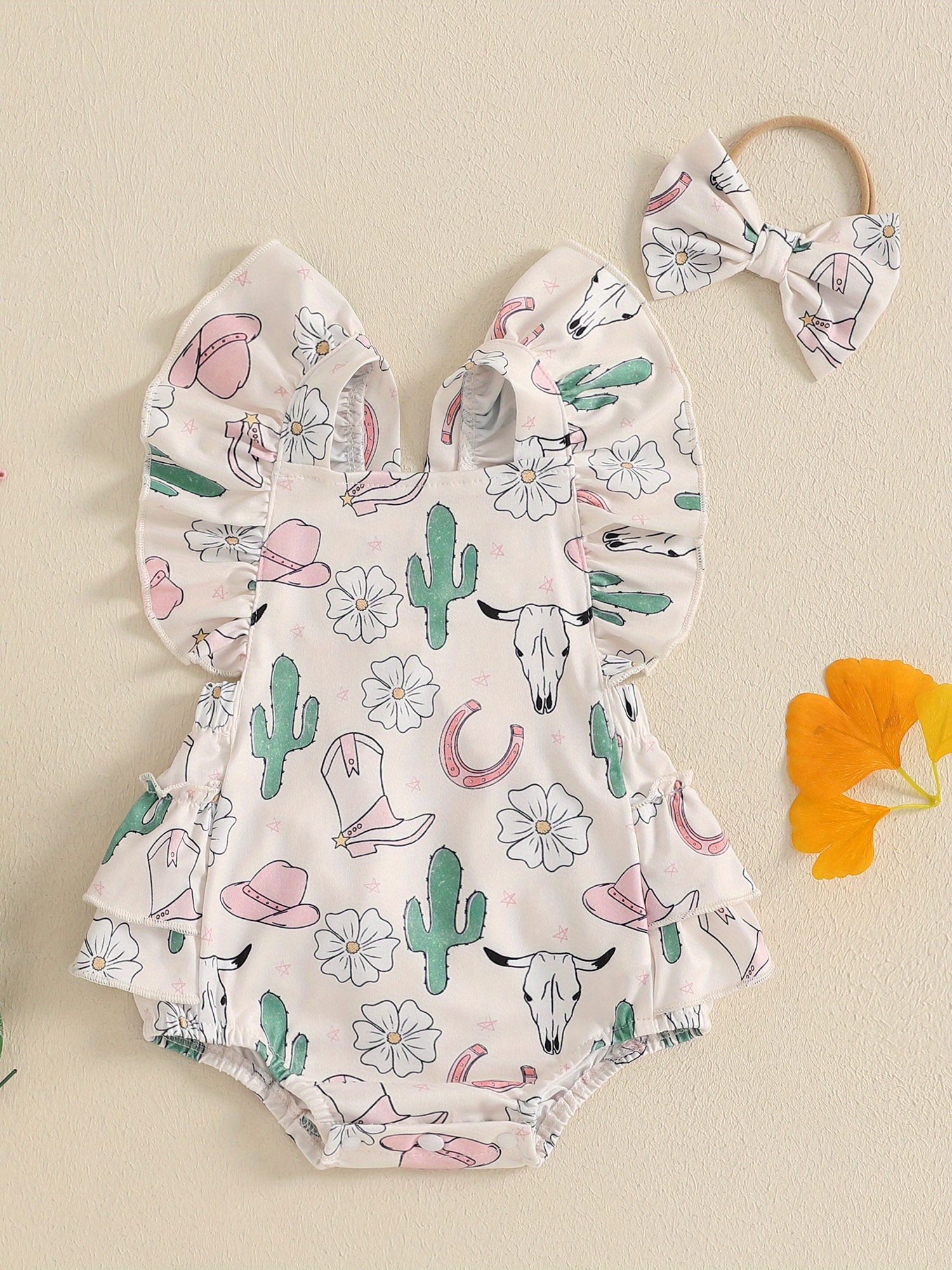 Girl's *r Romper Cactus, Flower Cow Print with Flying Sleeves,,  Pink Months, Baby