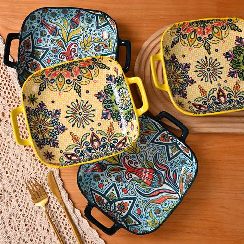 1 2 4pcs square ceramic salad plates bohemian style with handles bohemian ceramic plate set kitchen accessories household tableware steak spaghetti plate fruit plate suitable for daily use kitchen aesthetic tableware for