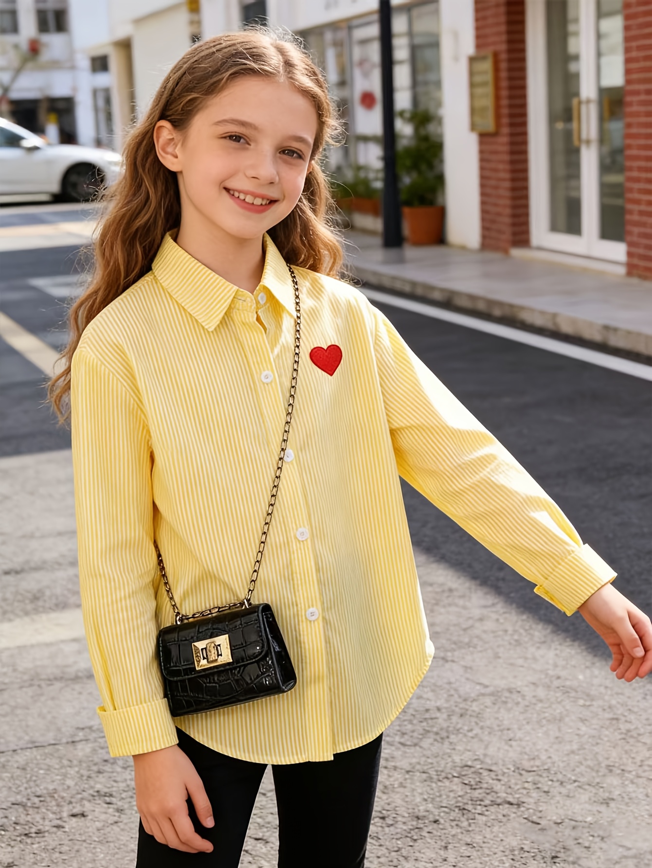 Girls' Heart Striped Long Sleeve Shirt – Preppy Heart Pattern Blouse
