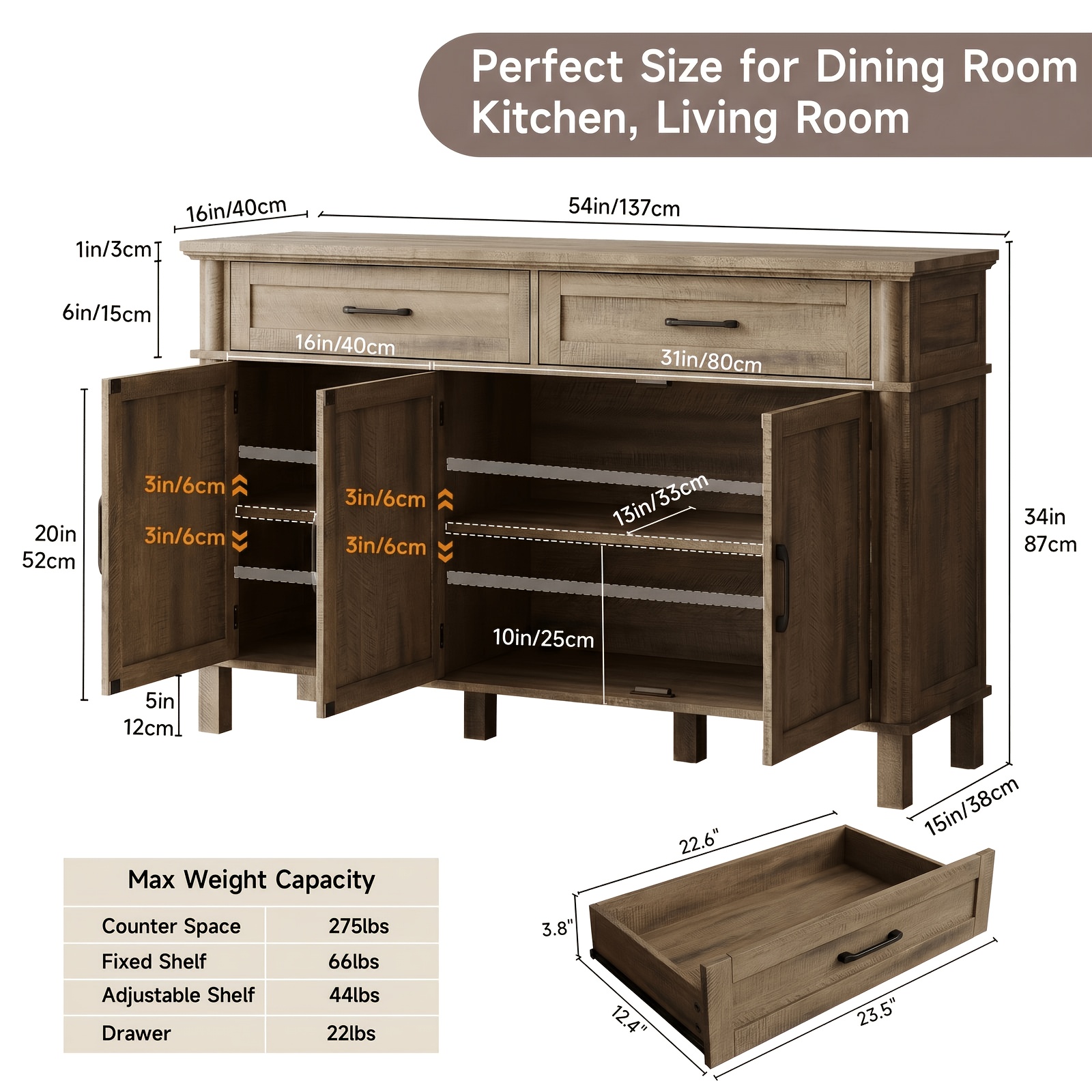 Farmhouse 48 Inch Buffet Cabinet with Storage, 48 Inch Sideboard with 2 Drawers And 3 Doors - Wood Coffee Bar Cabinet with Adjustable Shelves for Kitchen, Dining Room, Living Room