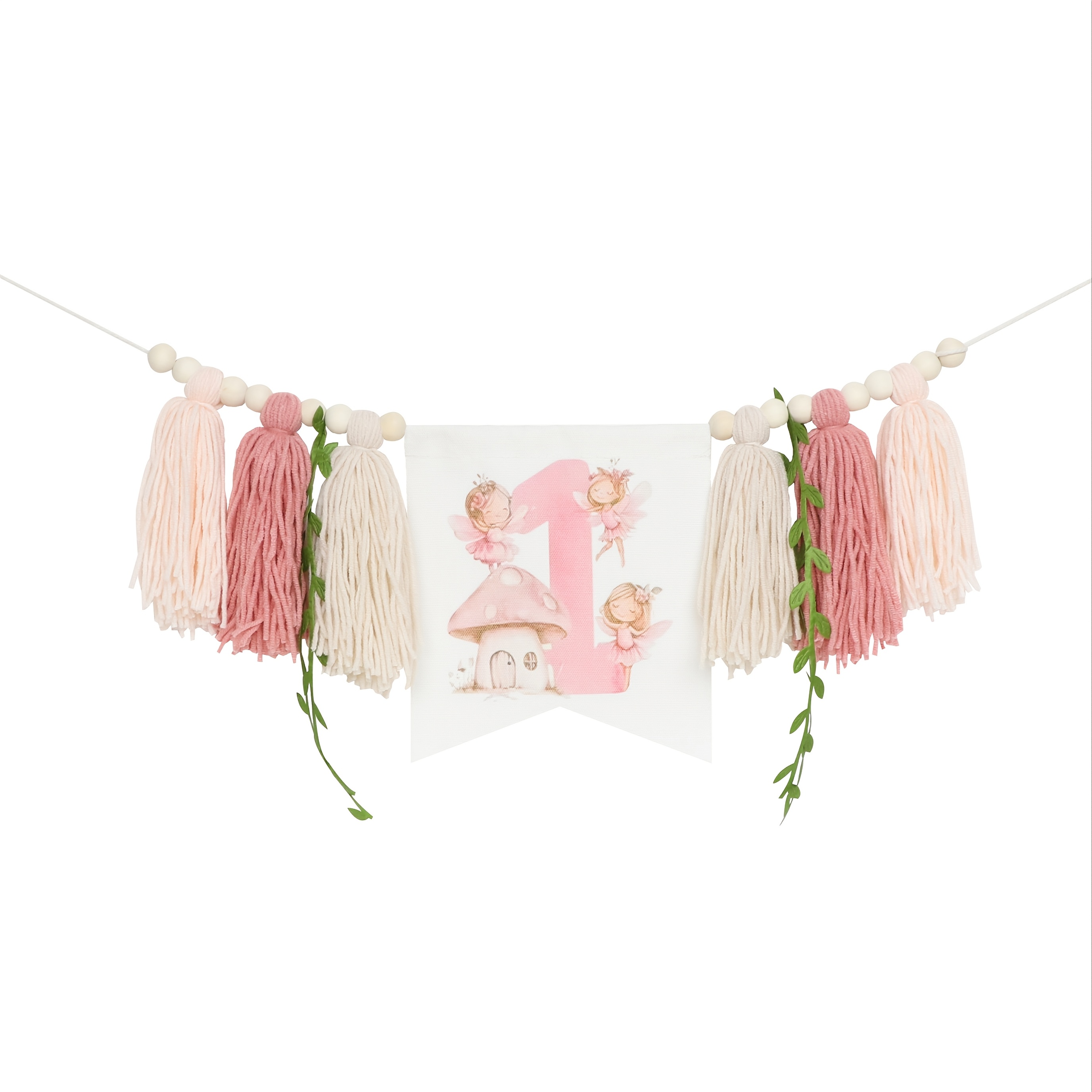 Fairy-themed Highchair Banner With Mushroom And Design - Pastel Tassel Fringe, First Birthday Party Decorations, First Birthday Party Decoration