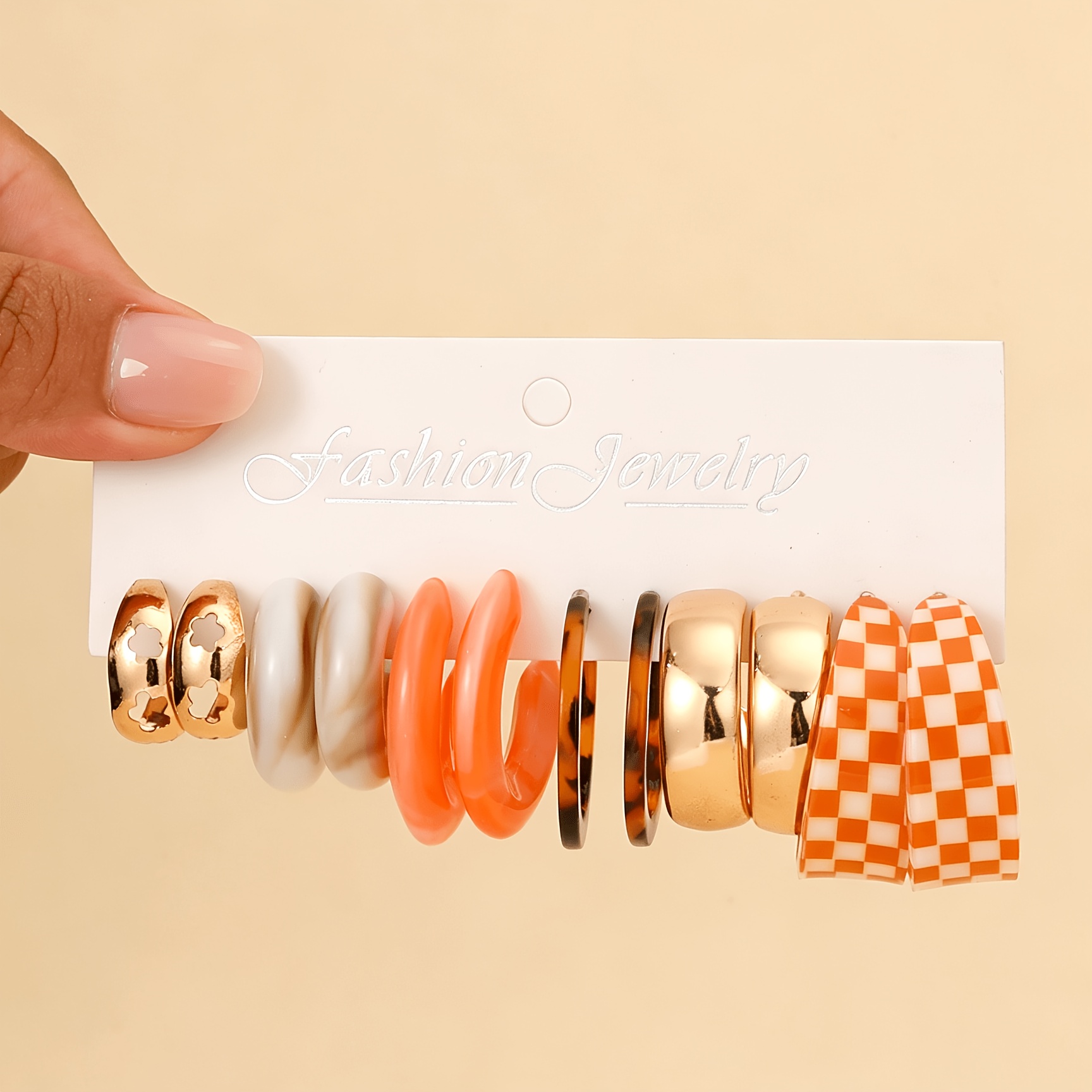 5pc Trendy Acrylic Earring Set, Marble & Checkerboard Patterns