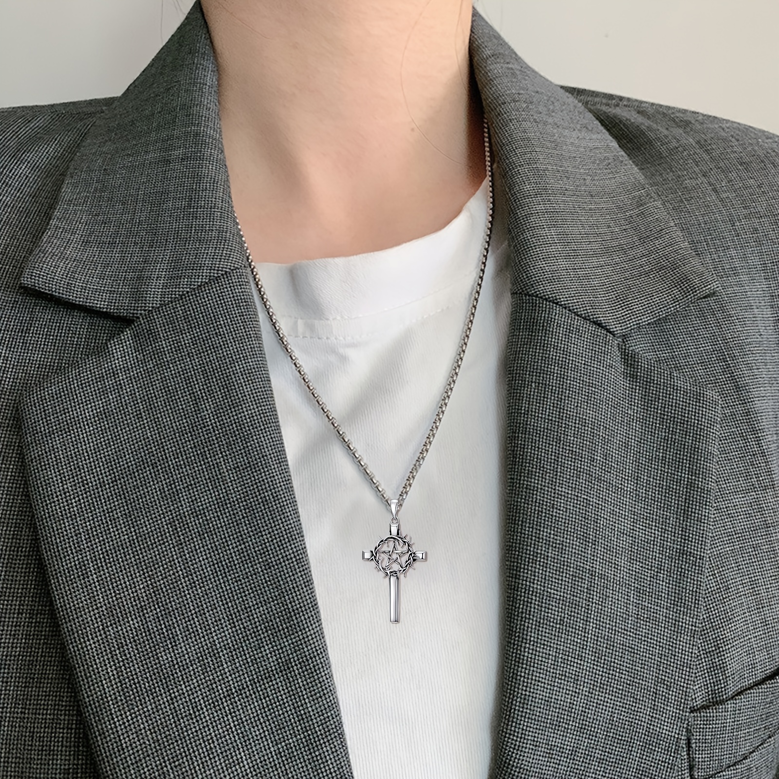 Chunky Pentagram Cross Necklace in 925 Sterling Silver