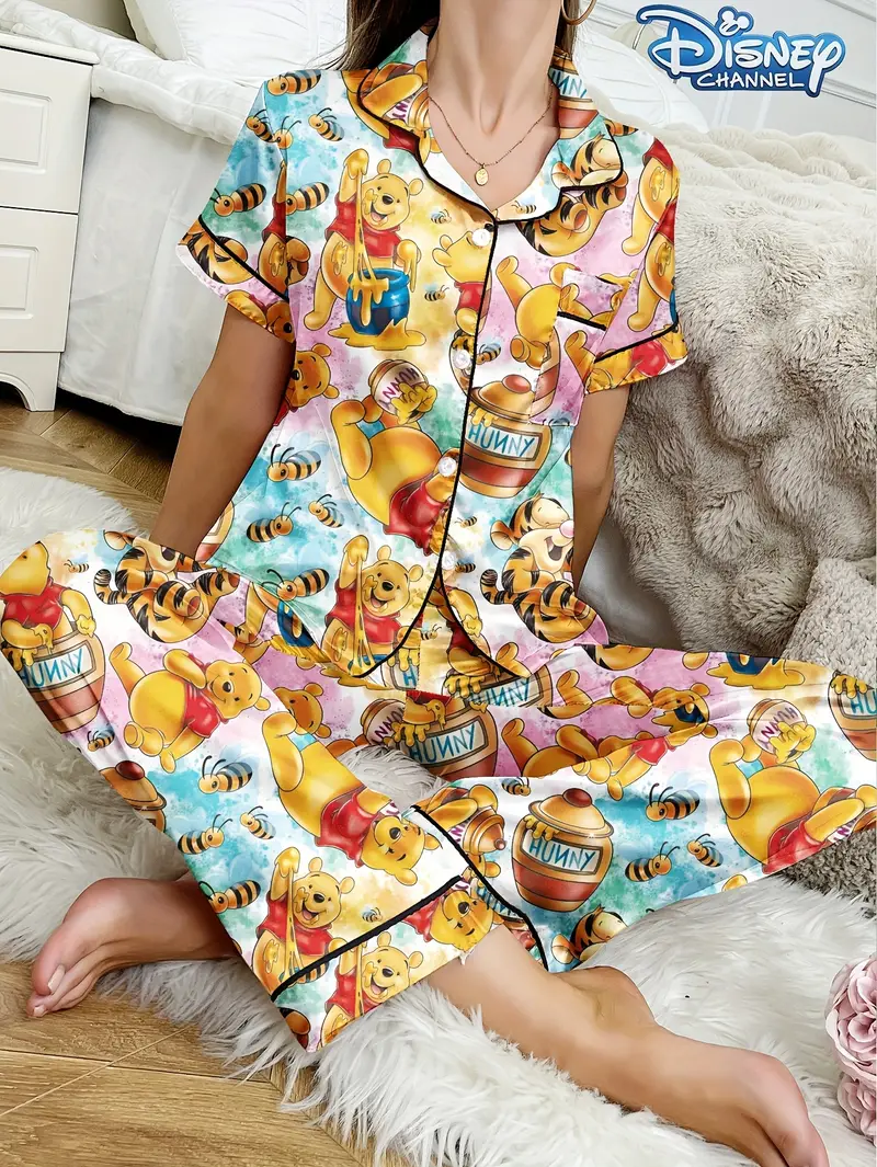 series womens casual comfortable pajama set button collar short sleeve top elastic waist pants Product details 0