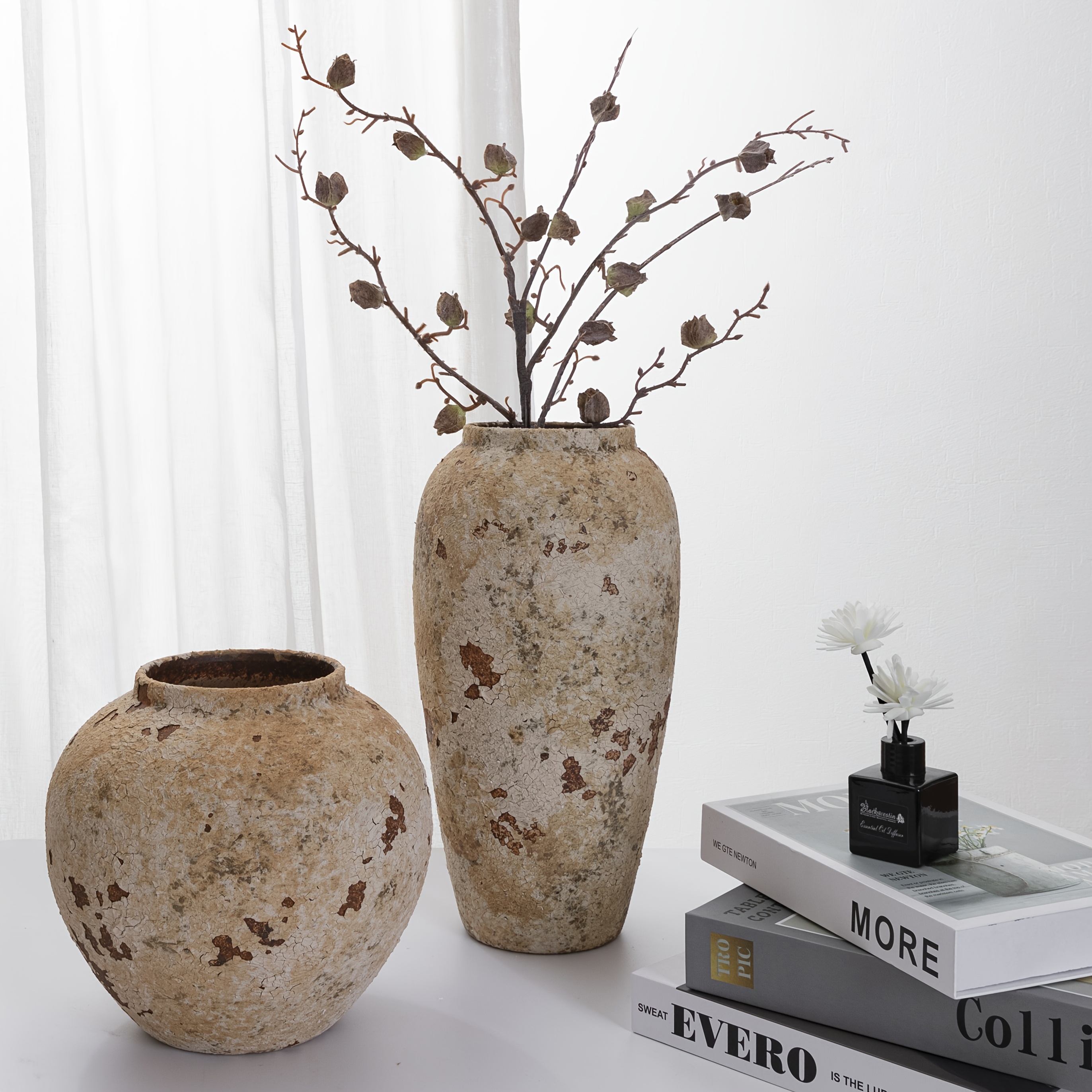Rustikale Keramik-Runde Vase - Vintage-Farmhouse-Ton mit Erdbraun- und Beige-* Ideal für dekorative Mittelpunkt in Wohnzimmer, Schlafzimmer oder Eingangsbereich, Dekorative Vase