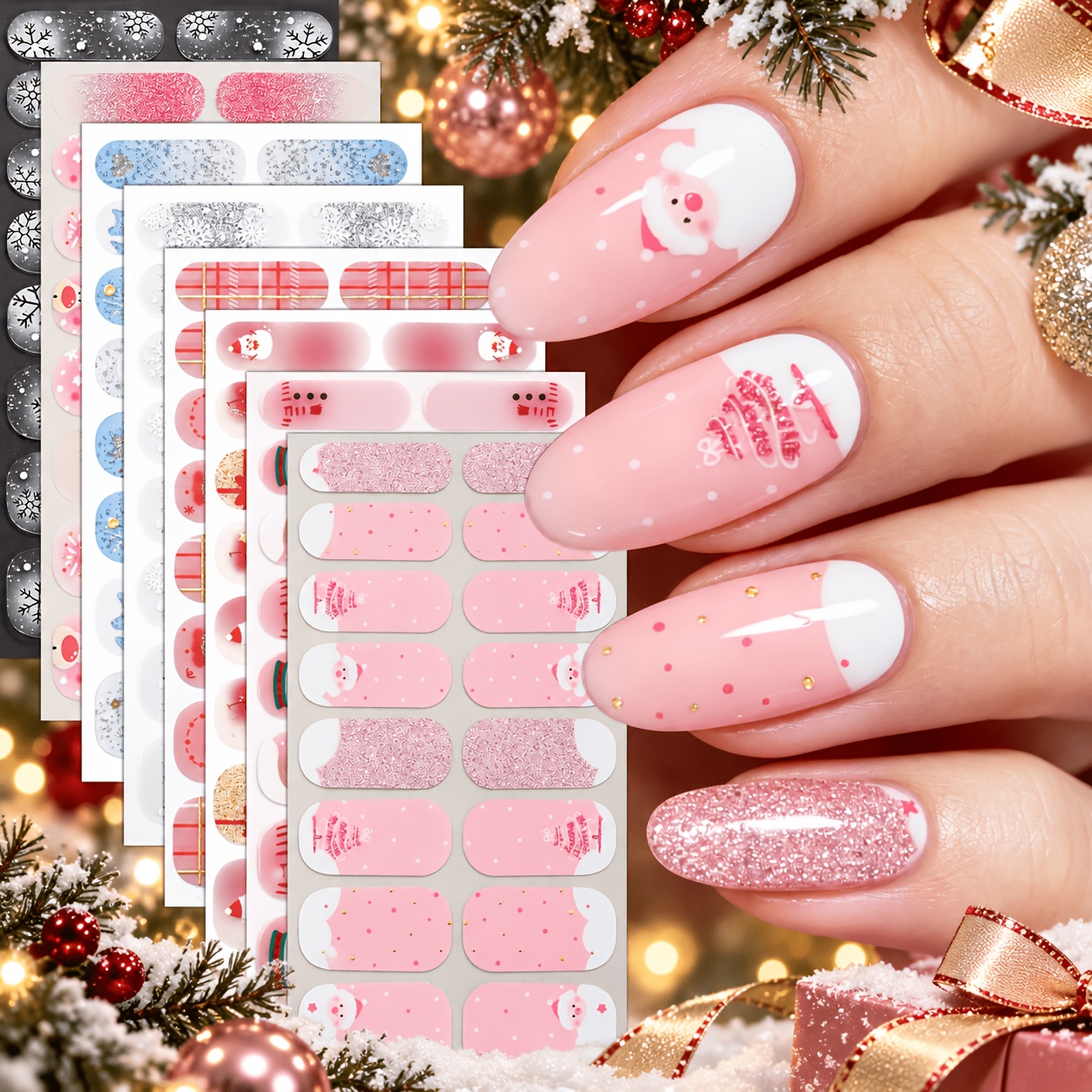 TEMU 8 Feuilles d'Autocollants pour Ongles Rose de Noël à Couverture Complète, Père Noël de Neige de Neige Pailletés, Bandes de Vernis à Ongles