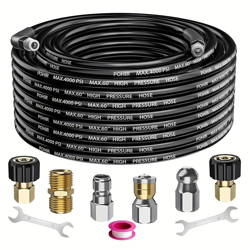 

50ft High-pressure Drain Kit For Pressure Washers - Includes 1/4" Npt, Button Nozzle & Rotating , Pvc Hose, Up To 4000 Psi