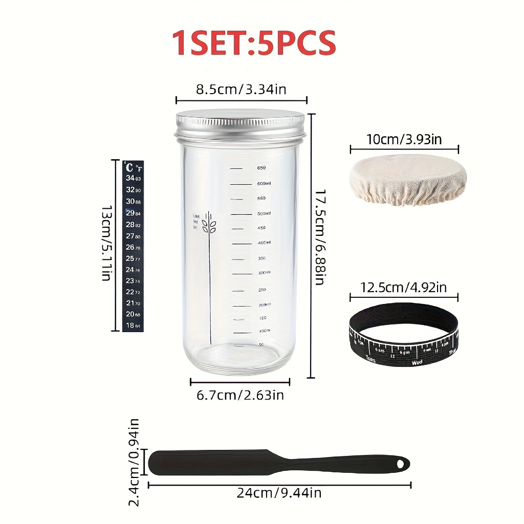 TEMU Sourdough Starter Kit, 24oz Large Capacity Sourdough Fermentation Jar With Aluminum Lid, Feeding Stick, Cloth Cover, Thermometer Stick, And