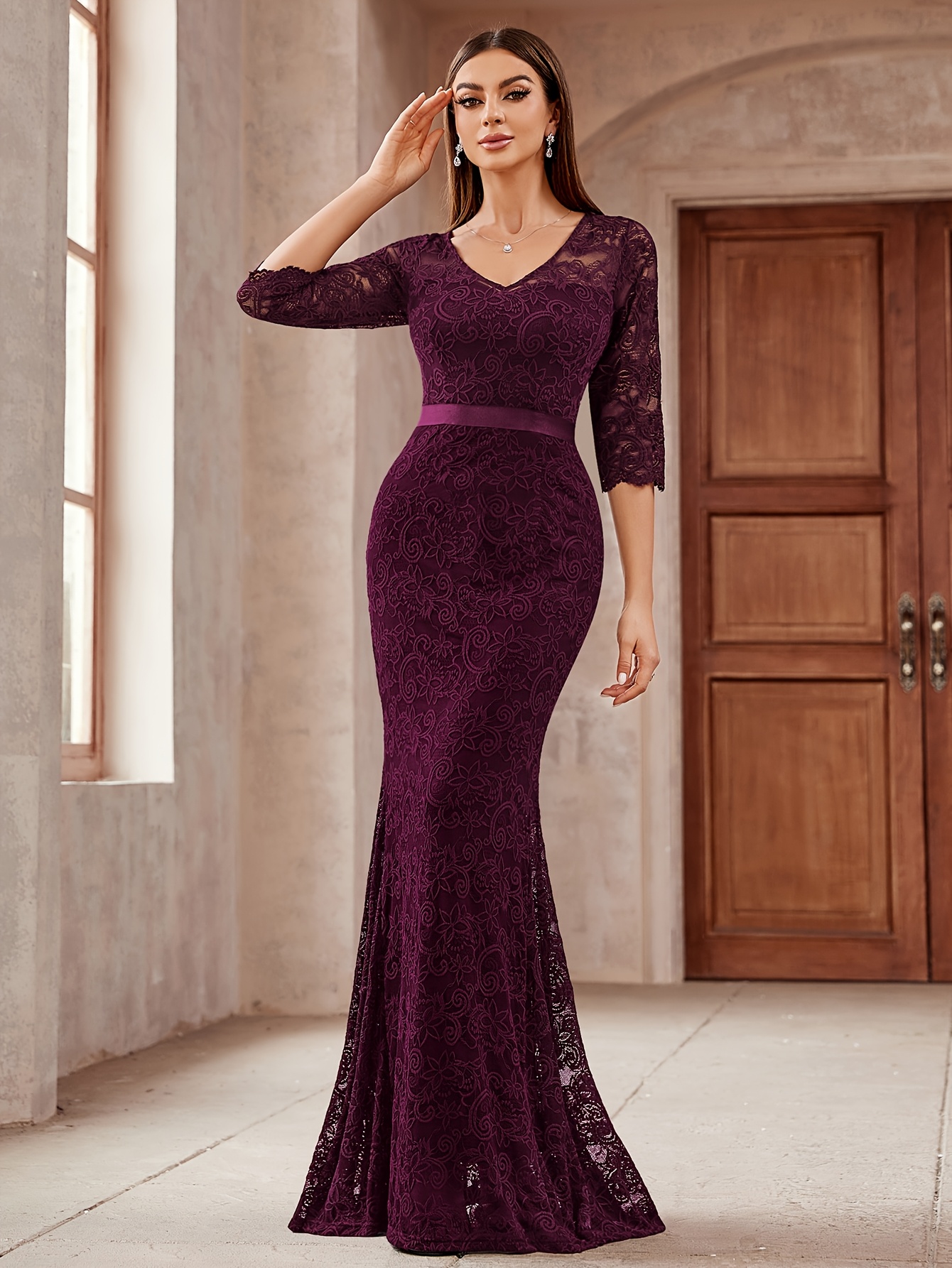 long sleeve lace bridesmaid dress Eva Fashion 3533 Long Formal Lace Fitted Mother of the Bride Dress main image 0