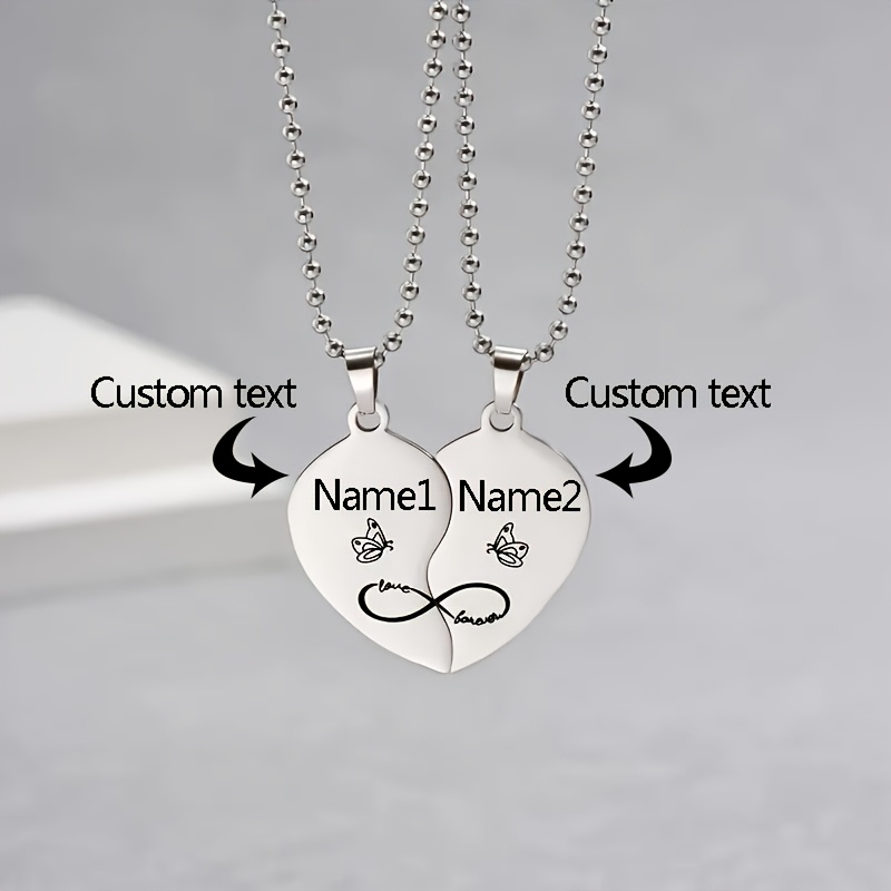 TEMU Custom 2pcs Half Heart Puzzle Stainless Steel Pendant Necklace - Customizable Text, Suitable For Anniversary Gifts Or Casual Attire Women's