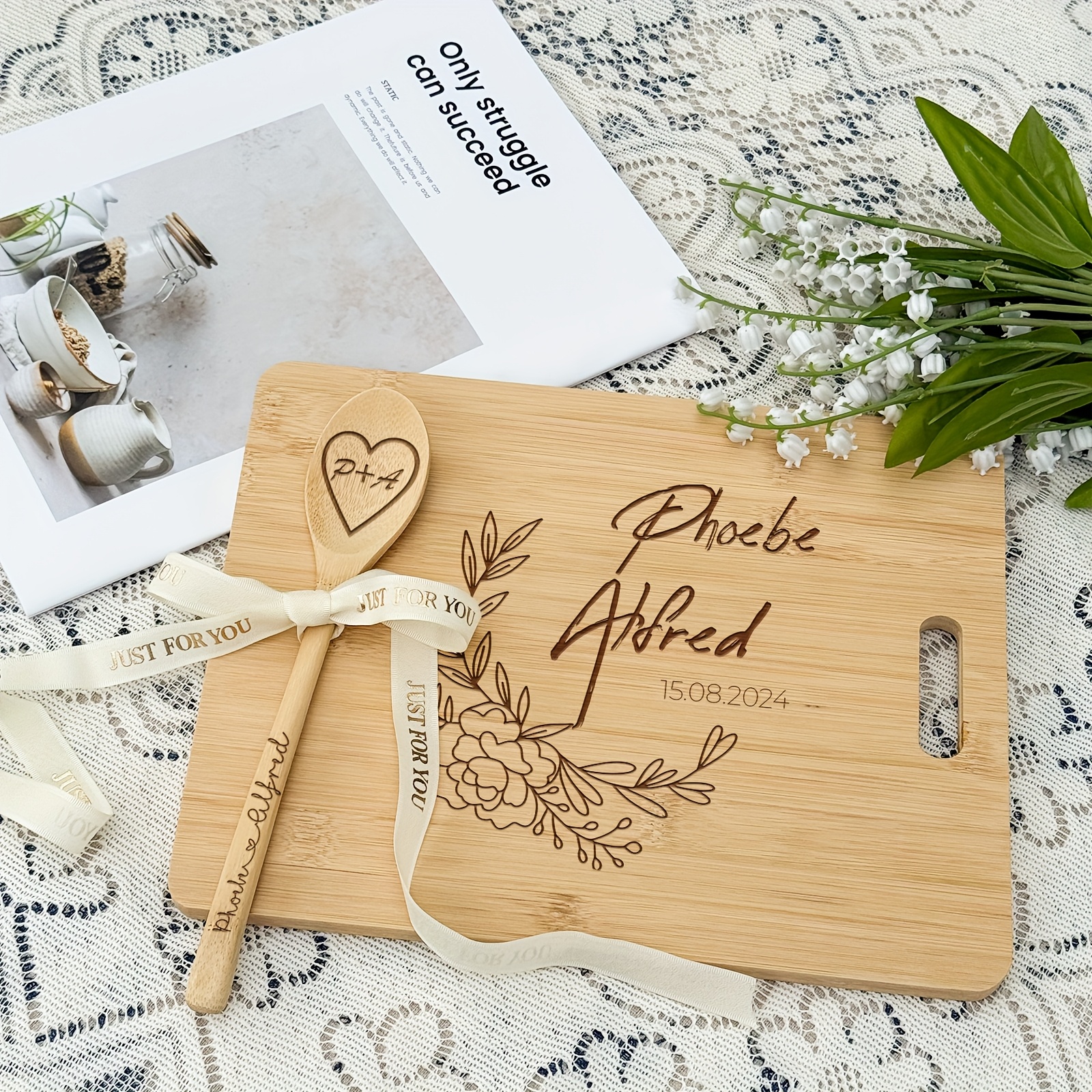 Image of Personalized Bamboo Cutting Board & Cheese Board Gift Set - Perfect For The Couple, Weddings, Valentine's Day, Housewarming, Christmas, Birthdays, And Gifts For Her