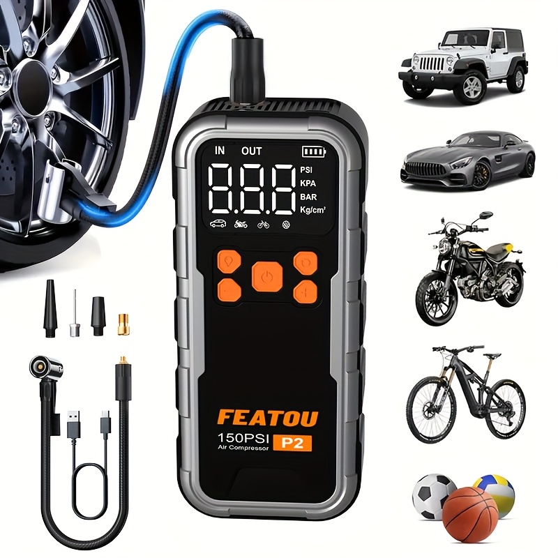 TEMU 1pc Tire Inflator Portable Air Compressor, Fast Cordless Air Pump, Digital Display With Nozzle Adapter And Long-lasting Lithium Battery For Car