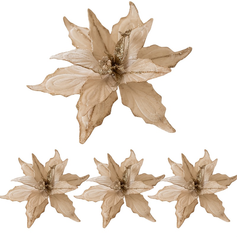 TEMU Set Of 4 Artificial Poinsettia Flowers Measuring 27.94 Cm, Featuring Glitter Details In Burgundy And White. Perfect For Christmas Tree Wreaths,