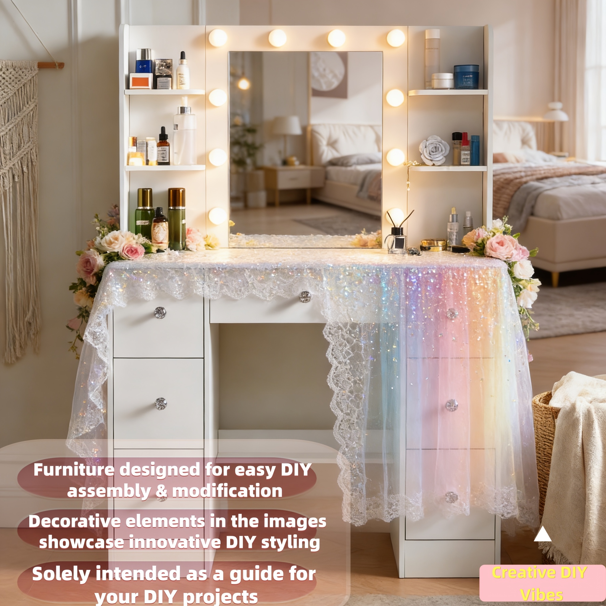 DIY-Friendly Modern Nordic Solid Wood Desk with Adjustable Lighting & LED Mirror