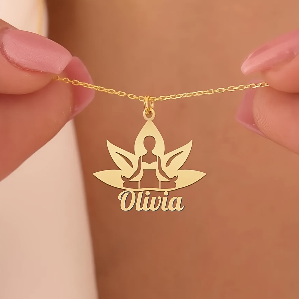 TEMU Customized Name Necklace, Personalized Easy Lotus Name Necklace, Stainless Steel Meditation Tag Necklace, Popular Jewelry For Women, Everyday