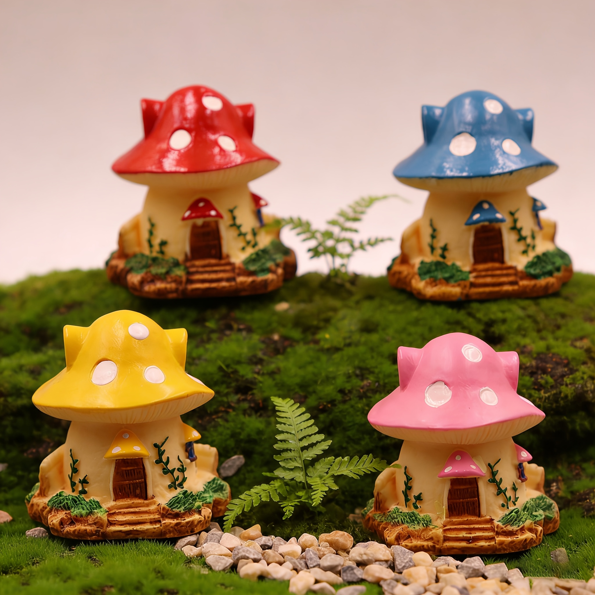 4pcs set of fairy garden mushroom house statues resin decorative crafts four colors in   suitable for moss potted plants tabletop decor or use with garden planters