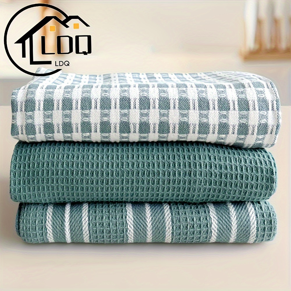 

Ldq 3pcs Set Soft & Absorbent Kitchen Towels - Large, Waffle Weave Dish Cloths In Solid Green, & Striped Patterns For & Drying - Cooking, Baking, And