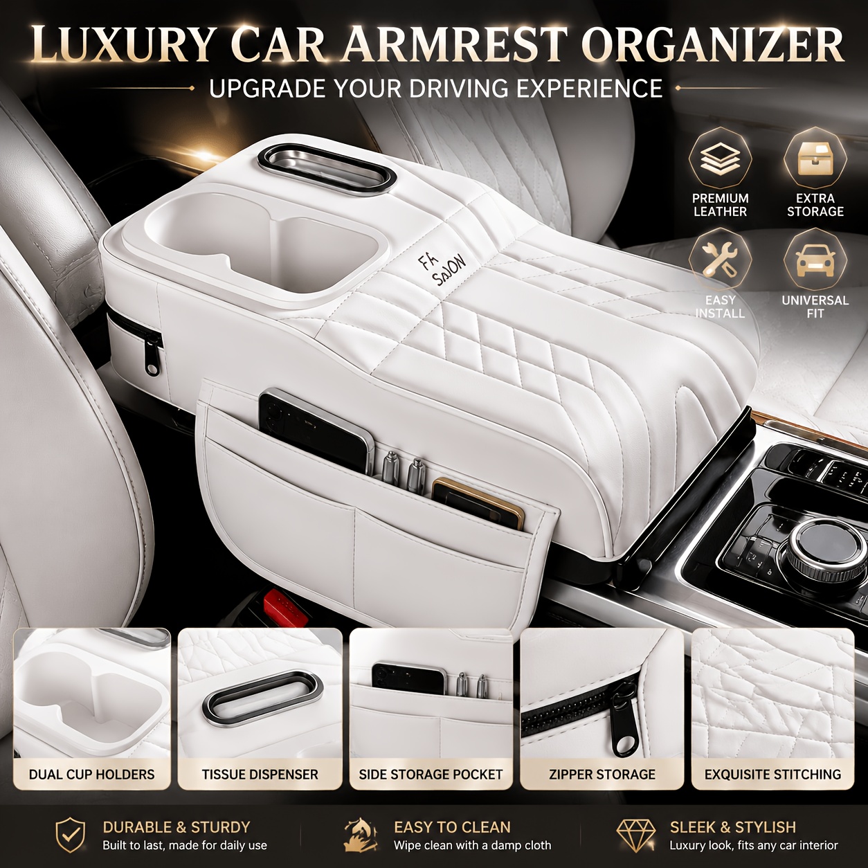 1 Car Center Console Armrest Pad, Height- Design With Tissue Box And Cup Holder, Options, Storage Organizer Cushion