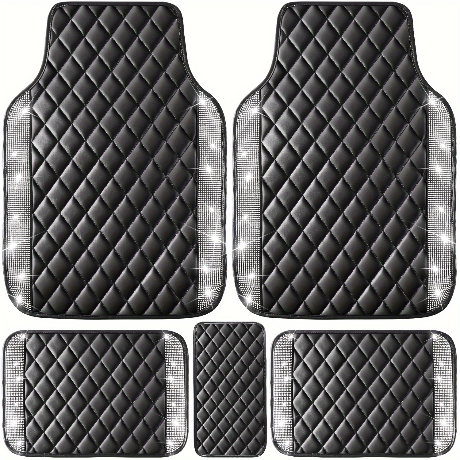 TEMU 5pcs Bling Faux Pu Faux Pu Leather Car Mats Shining Floor Mats Crystal Sparkly Glitter Carpet Anti-slip Waterproof Pad Universal Fit For Automotive Suv, Sedan, Van, Girl Women