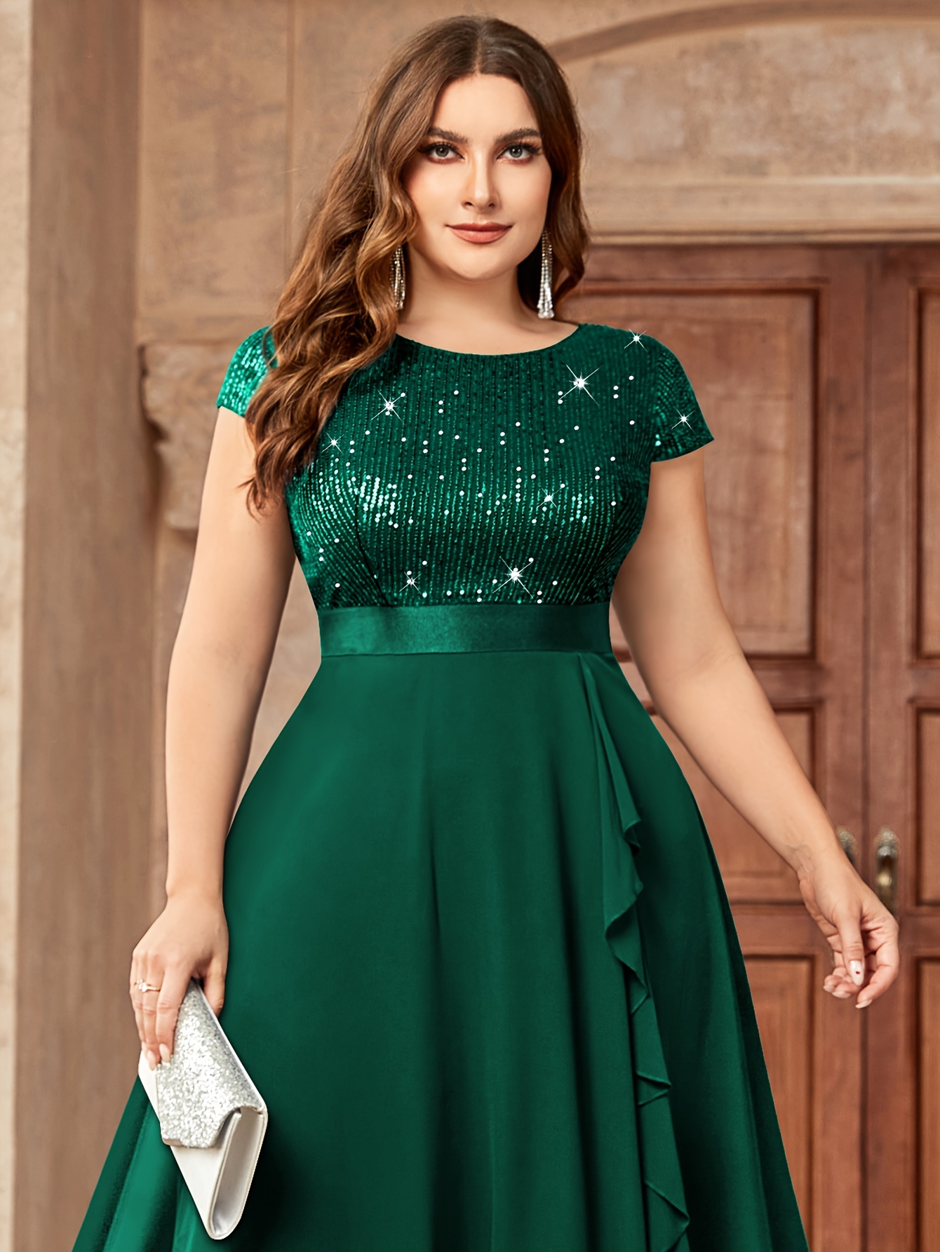 rustic green dresser Plus Size Women's Embroidery Evening Dresses with Short Sleeve Sequin –  lilyscrubs main image 1
