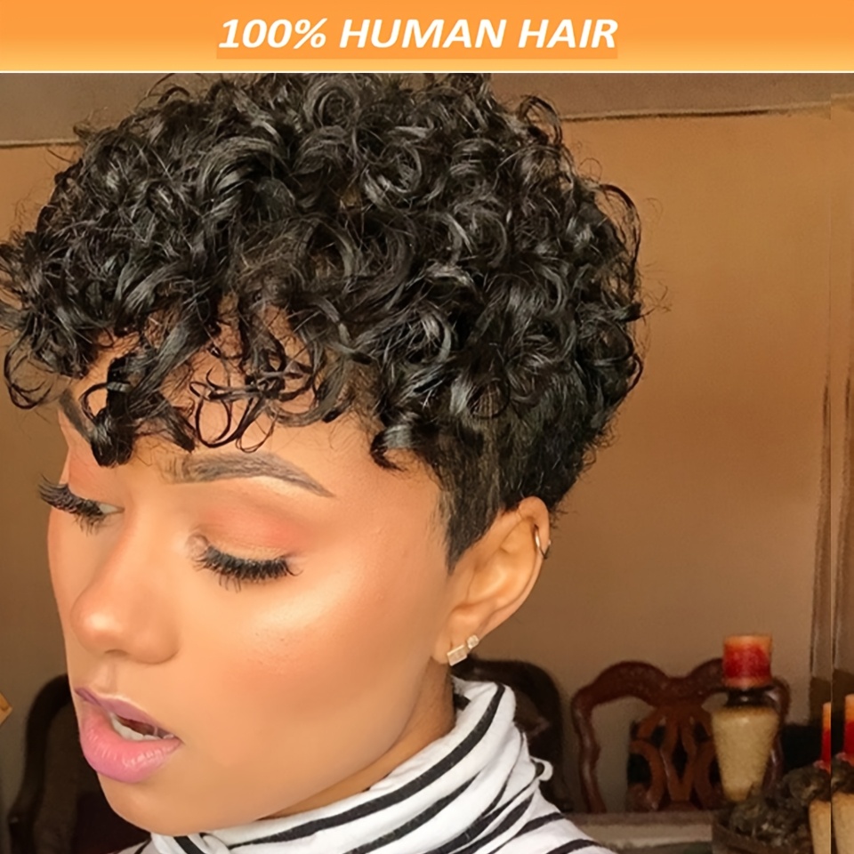 

Chic Cut Wig With Curly Bangs - 180% Density Human Hair, Kinky , Glueless Full Machine Made, Cap - Perfect Valentine's Gift For Women, Short, Suitable For All