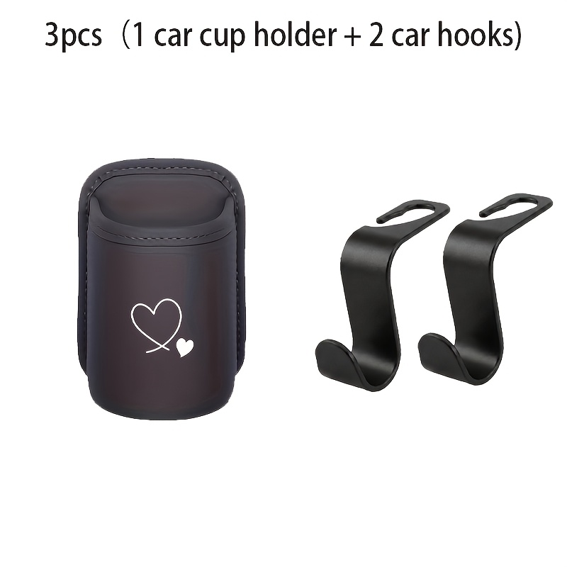 TEMU 3pcs Set (love-themed Car Door Cup Holder And 2pcs Seat Hooks) Faux Leather Car Beverage Rack, Storage Box, Rear Seat Cup Holder, Interior