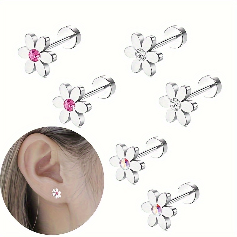 

1 Pair Of Stainless Steel Cartilage Earrings, Cute Flower Cz Stud Mini Barbell For Tragus, Helix, Conch, Rook Piercings, Small Dainty Earrings