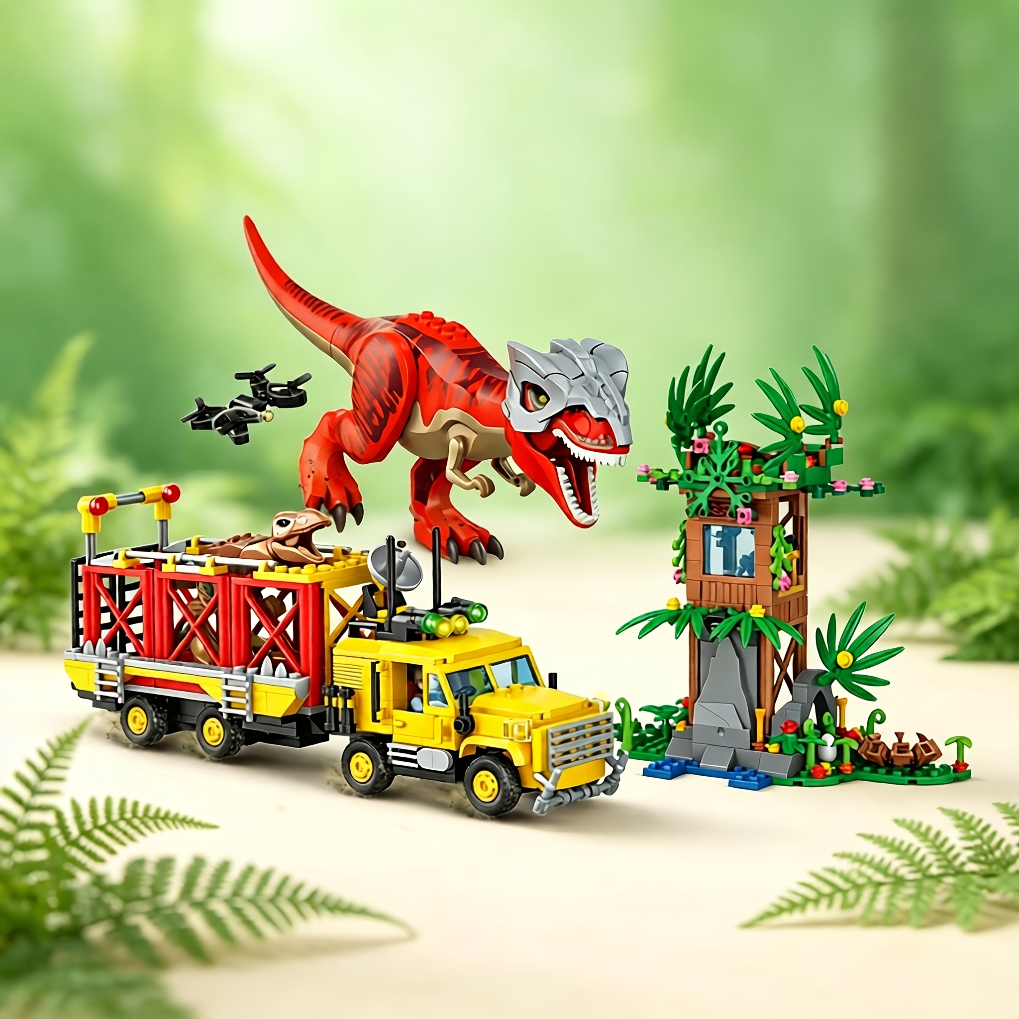 Red T-Rex Attacks Dinosaur Transport Truck Model