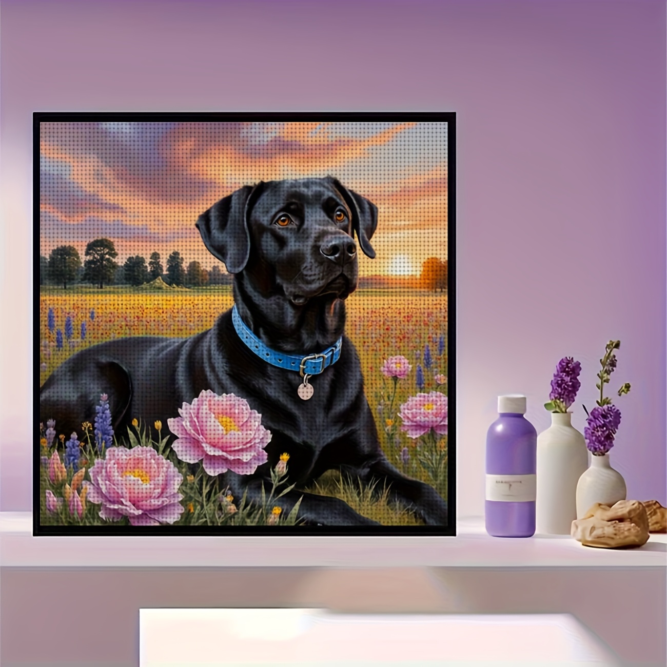 DIY Cross Stitch Kit, Black Dog Lying in Flower Field at Sunset Pattern